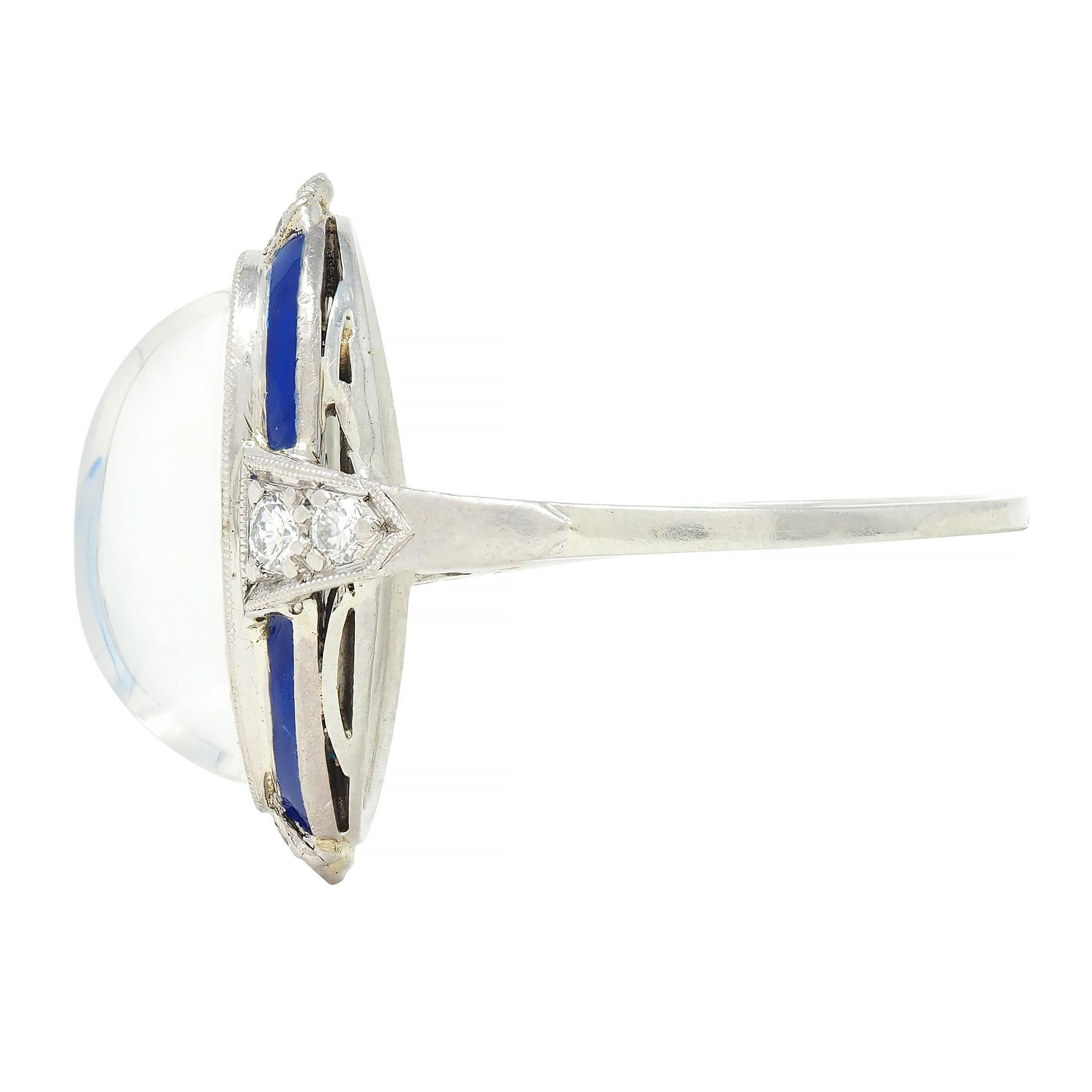 Art Deco Moonstone Diamond Enamel 18 Karat White Gold Antique Dinner Ring 1