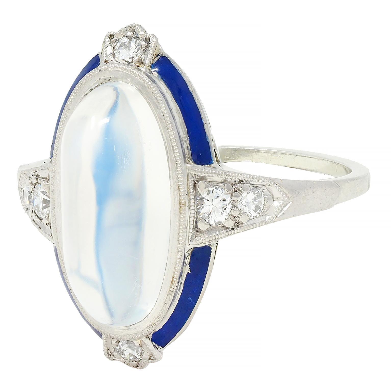 Art Deco Moonstone Diamond Enamel 18 Karat White Gold Antique Dinner Ring 2