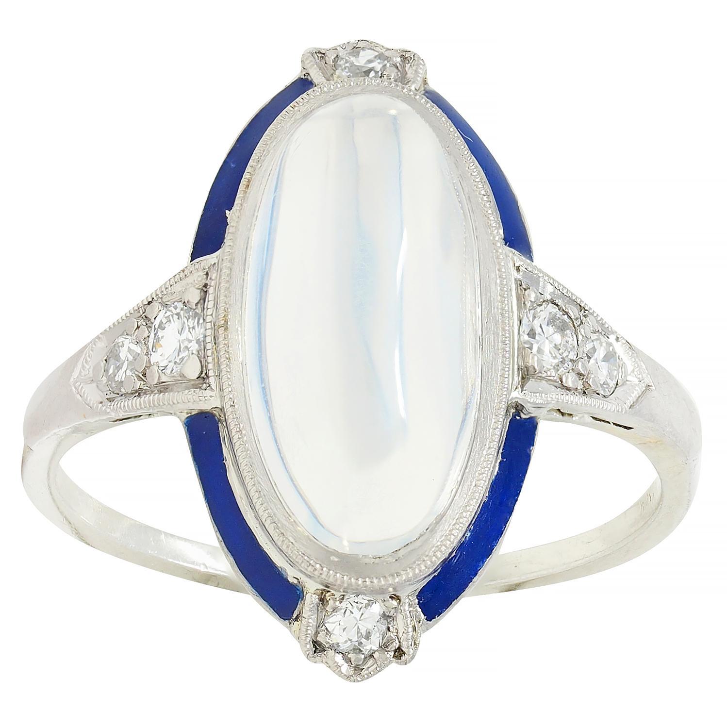 Art Deco Moonstone Diamond Enamel 18 Karat White Gold Antique Dinner Ring 4