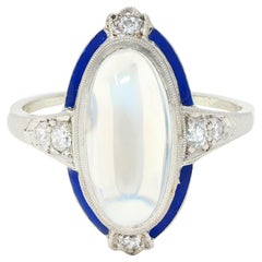 Art Deco Moonstone Diamond Enamel 18 Karat White Gold Antique Dinner Ring