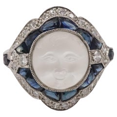 Art Deco Moonstone, Diamond, Platinum and Blue Sapphire Moonface Ring