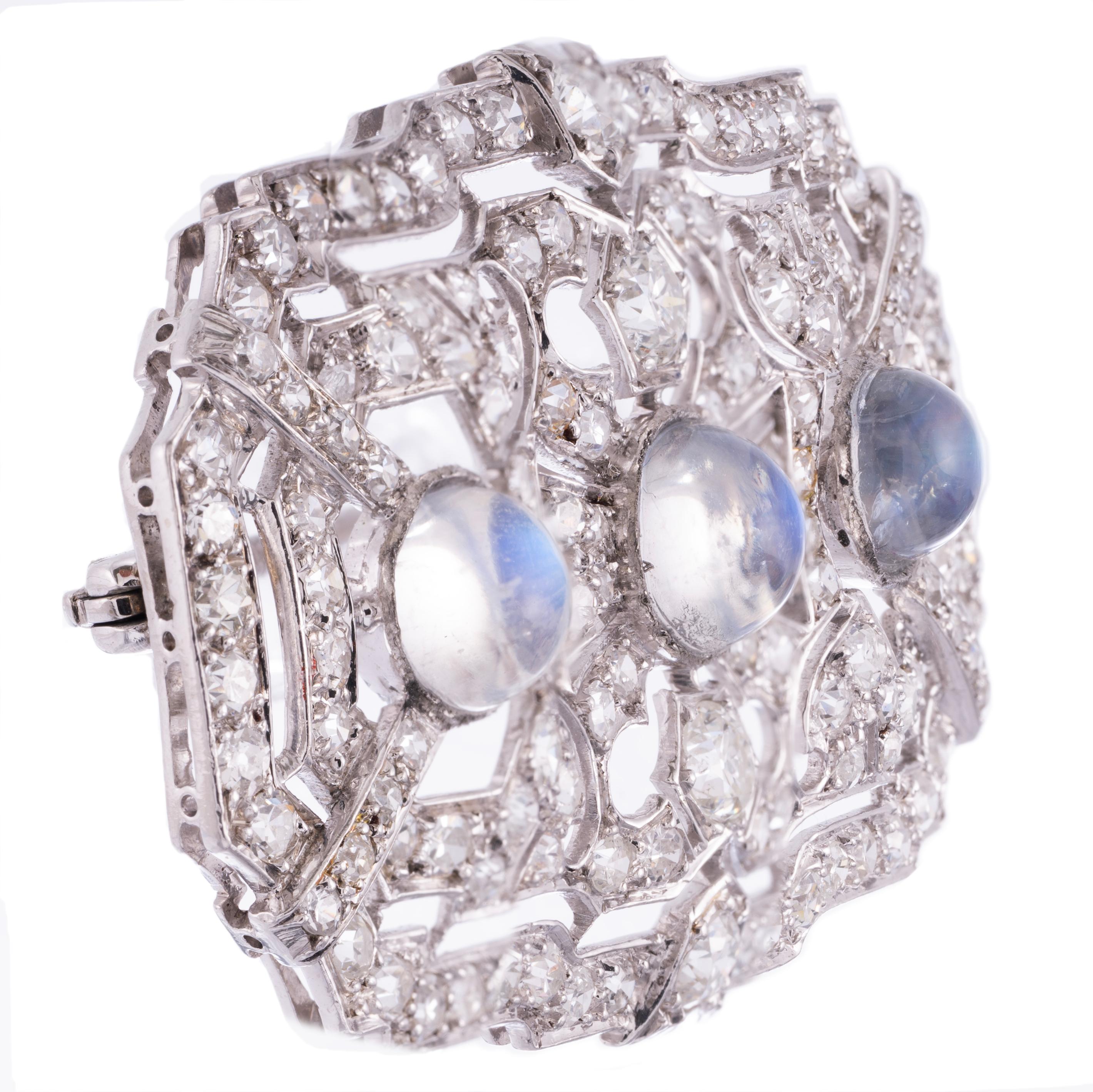 Old European Cut Art Deco Moonstone & Diamond Platinum Brooch C/1920 For Sale