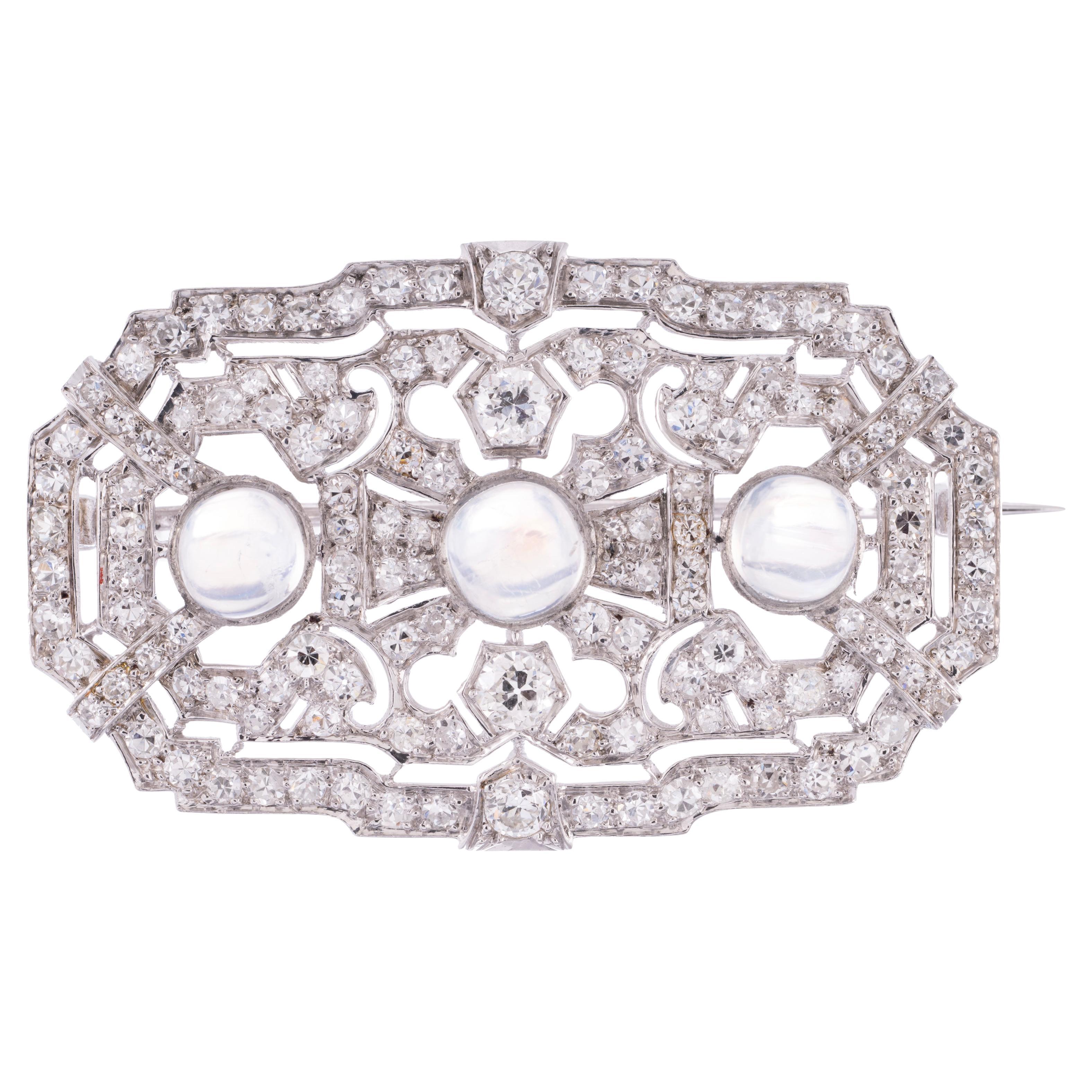 Art Deco Moonstone & Diamond Platinum Brooch C/1920 For Sale
