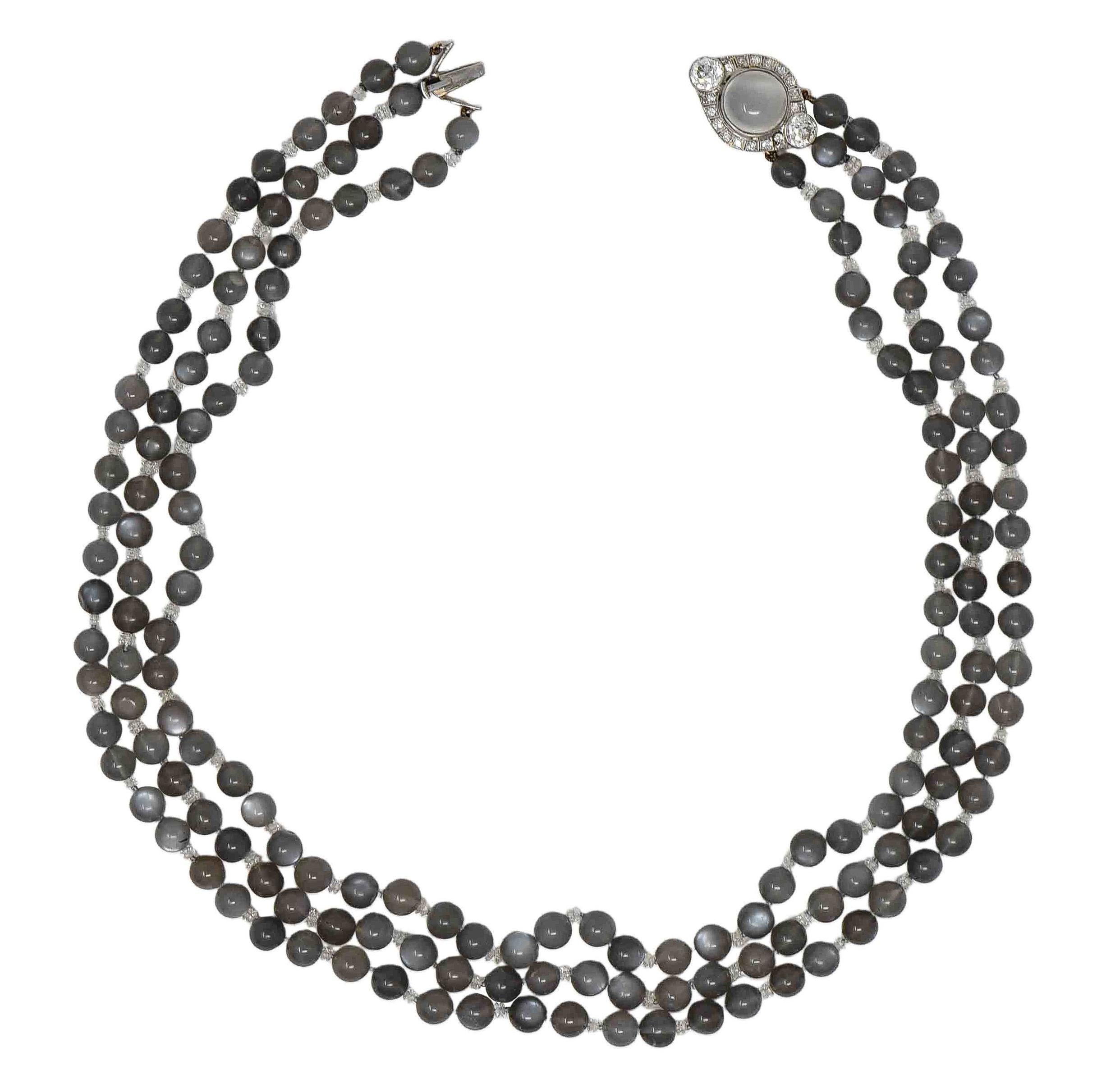 Art Decó Piedra Lunar Diamante Platino Vintage Collar de Múltiples Filamentos Cuenta en venta