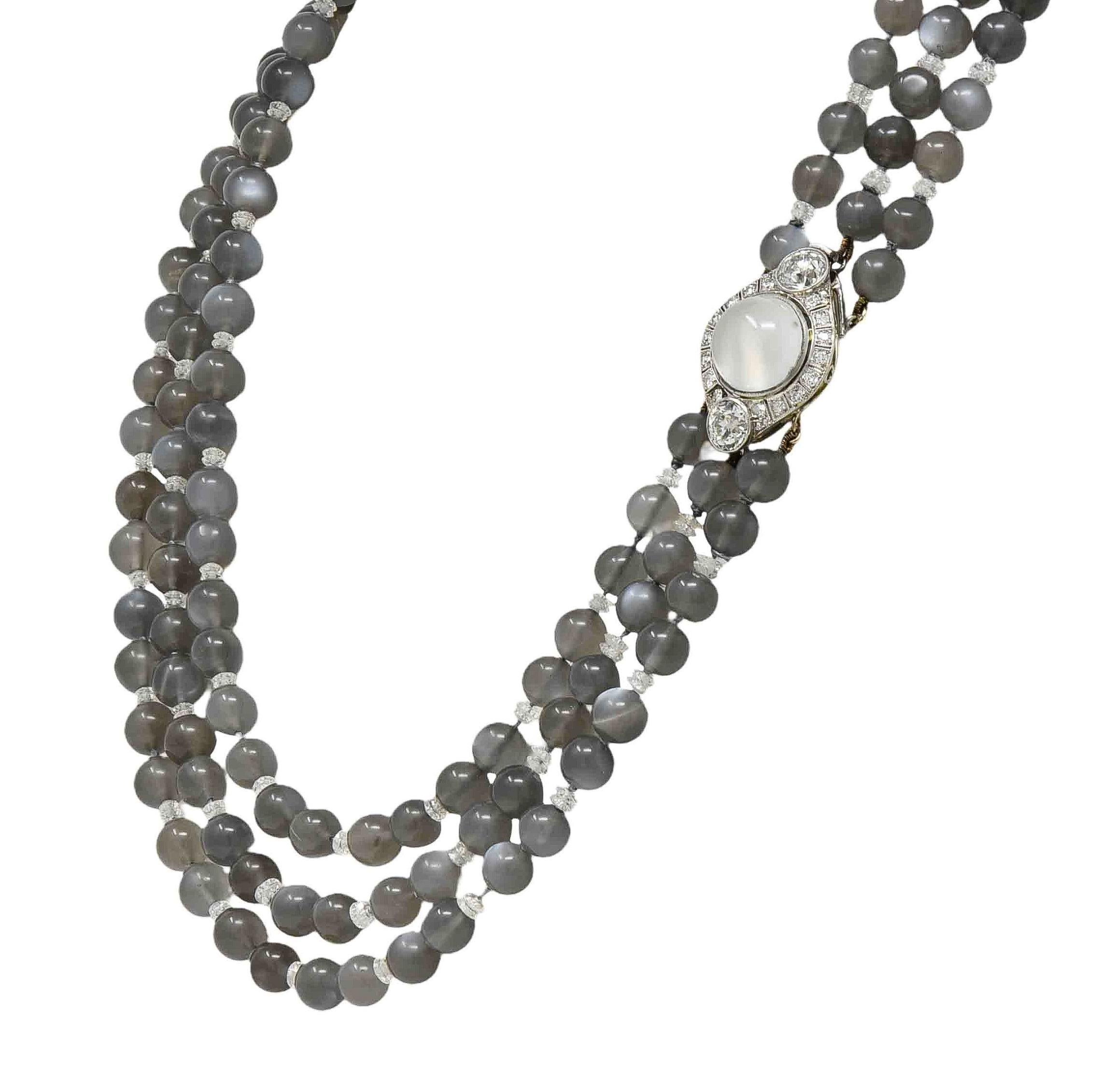 Art Decó Piedra Lunar Diamante Platino Vintage Collar de Múltiples Filamentos en venta 1