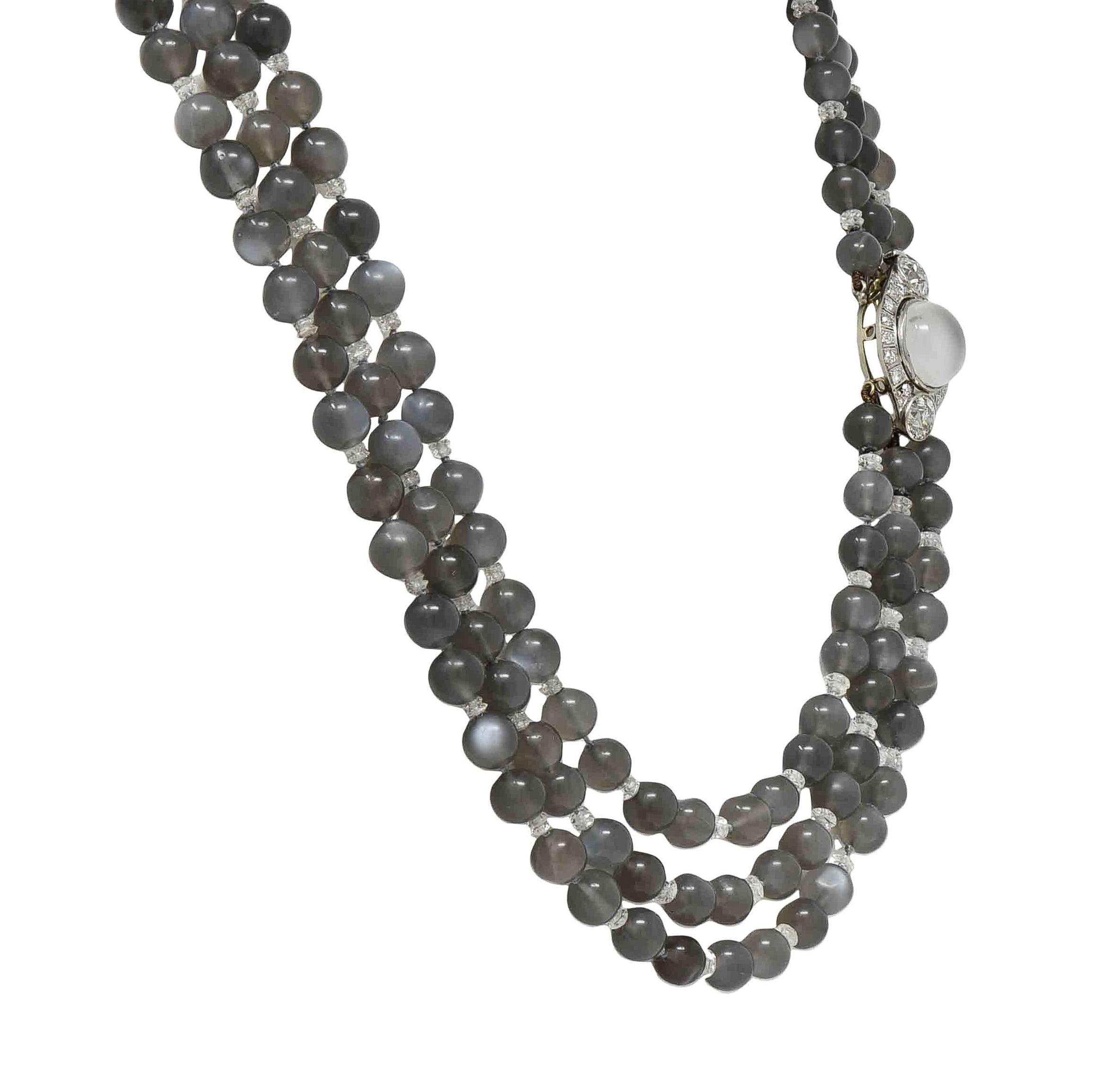 Art Decó Piedra Lunar Diamante Platino Vintage Collar de Múltiples Filamentos en venta 2