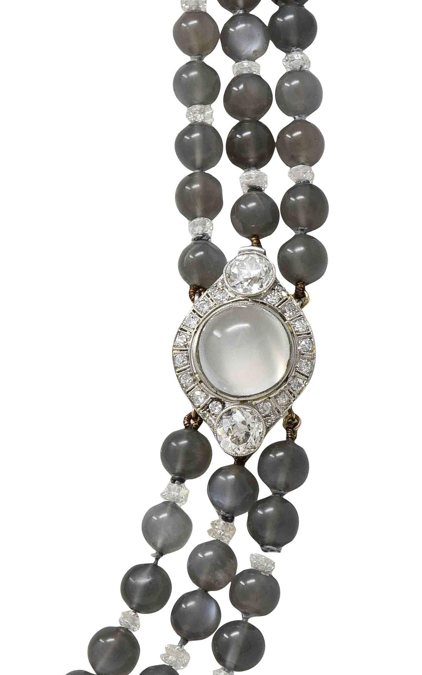 Art Decó Piedra Lunar Diamante Platino Vintage Collar de Múltiples Filamentos en venta 3