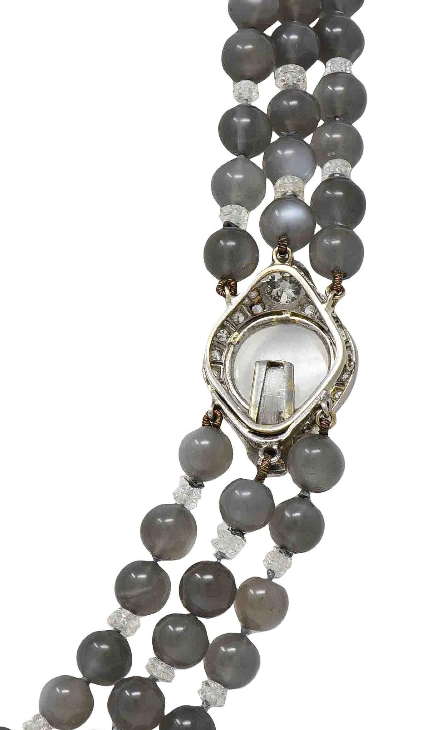 Art Decó Piedra Lunar Diamante Platino Vintage Collar de Múltiples Filamentos en venta 4