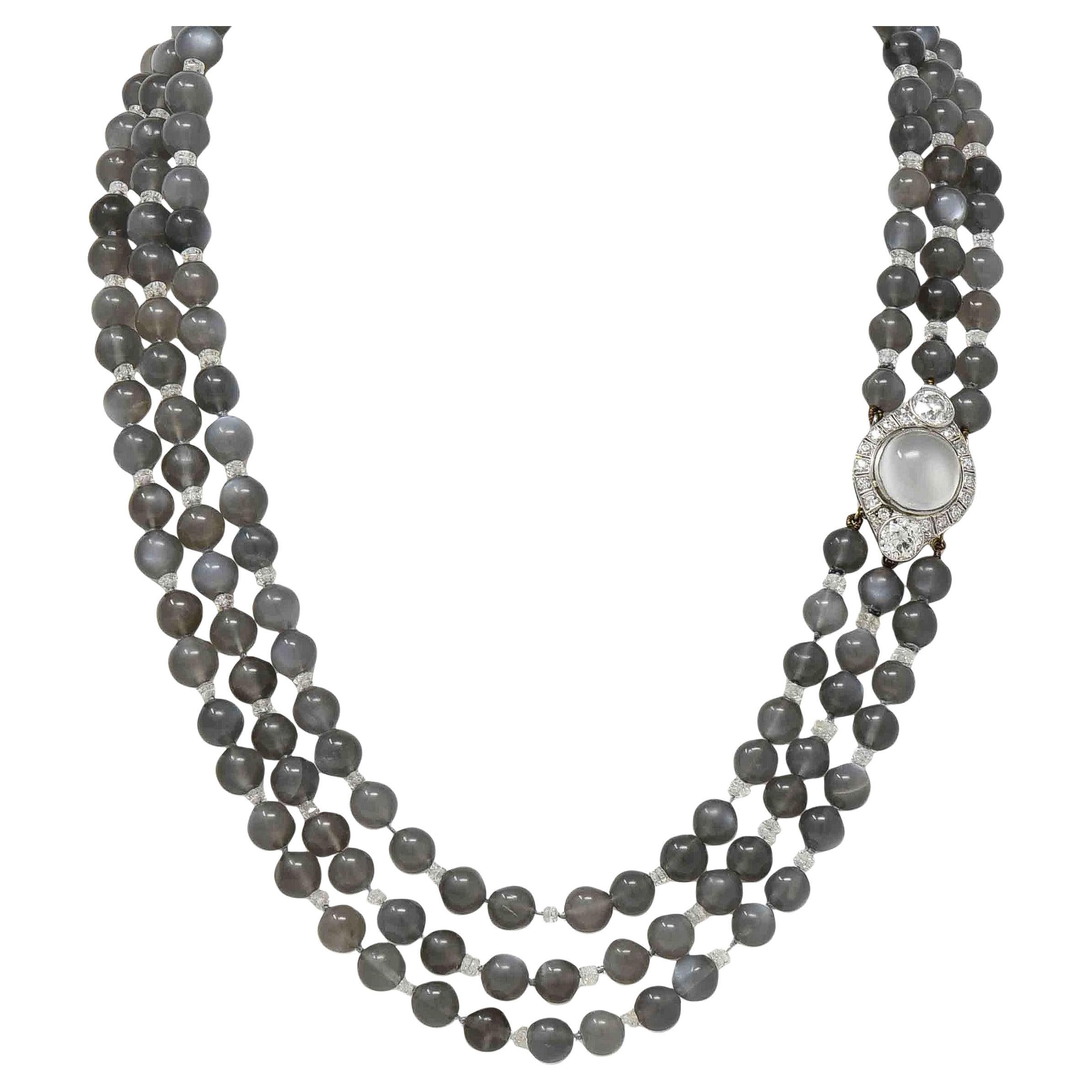 Art Decó Piedra Lunar Diamante Platino Vintage Collar de Múltiples Filamentos