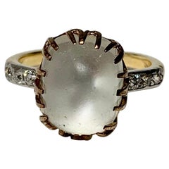 Antique Art Deco Moonstone Old Mine Diamond Ring 14 Karat White Yellow Gold