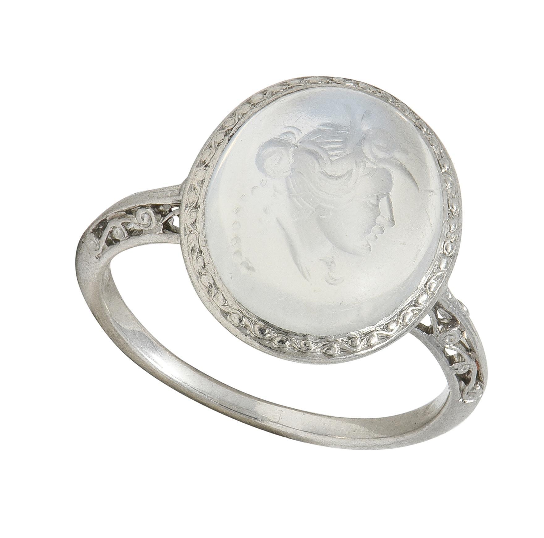 Art Deco Moonstone Platinum Vintage Carved Intaglio Women Portrait Ring For Sale 5