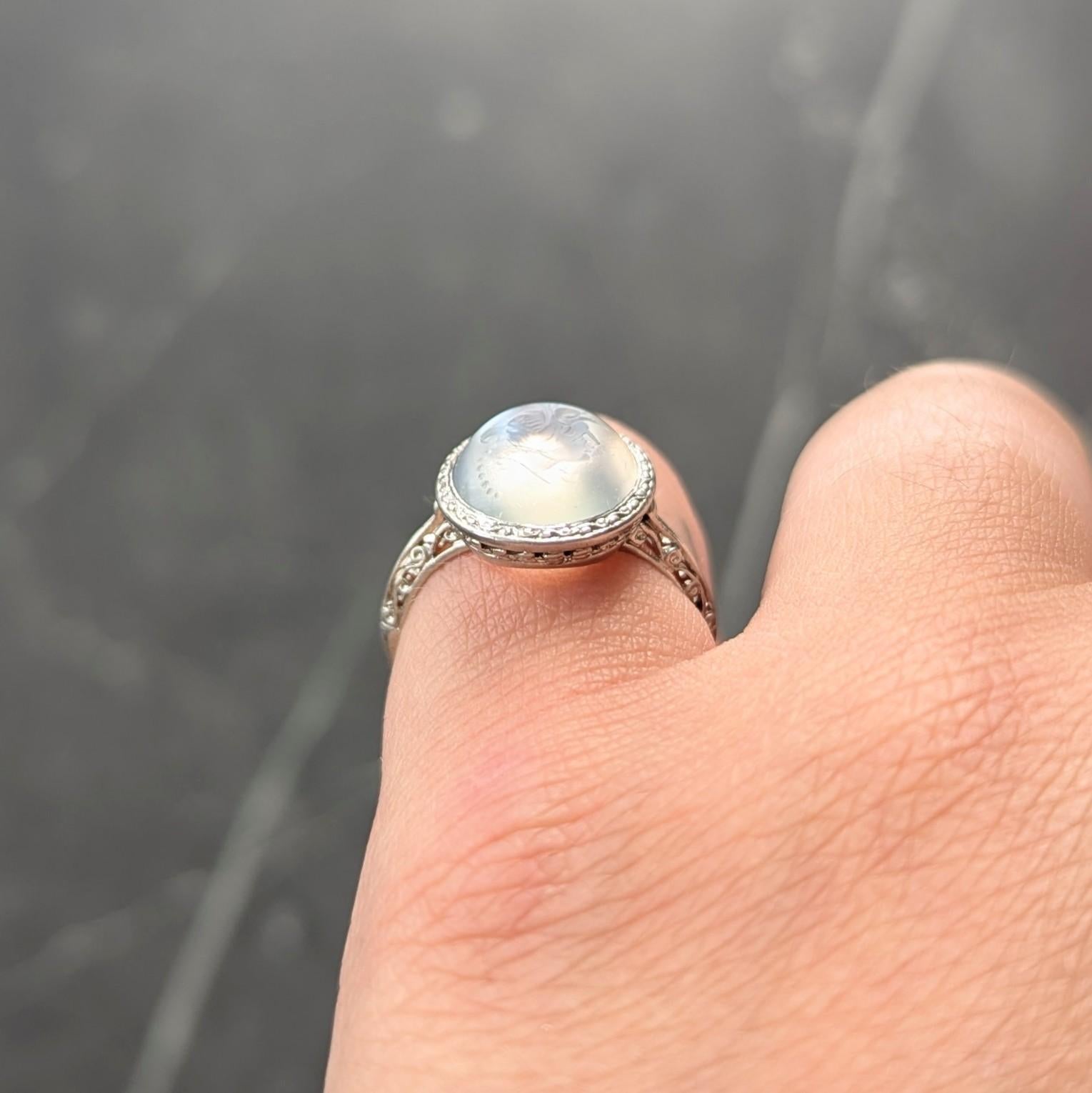 Art Deco Moonstone Platinum Vintage Carved Intaglio Women Portrait Ring For Sale 6
