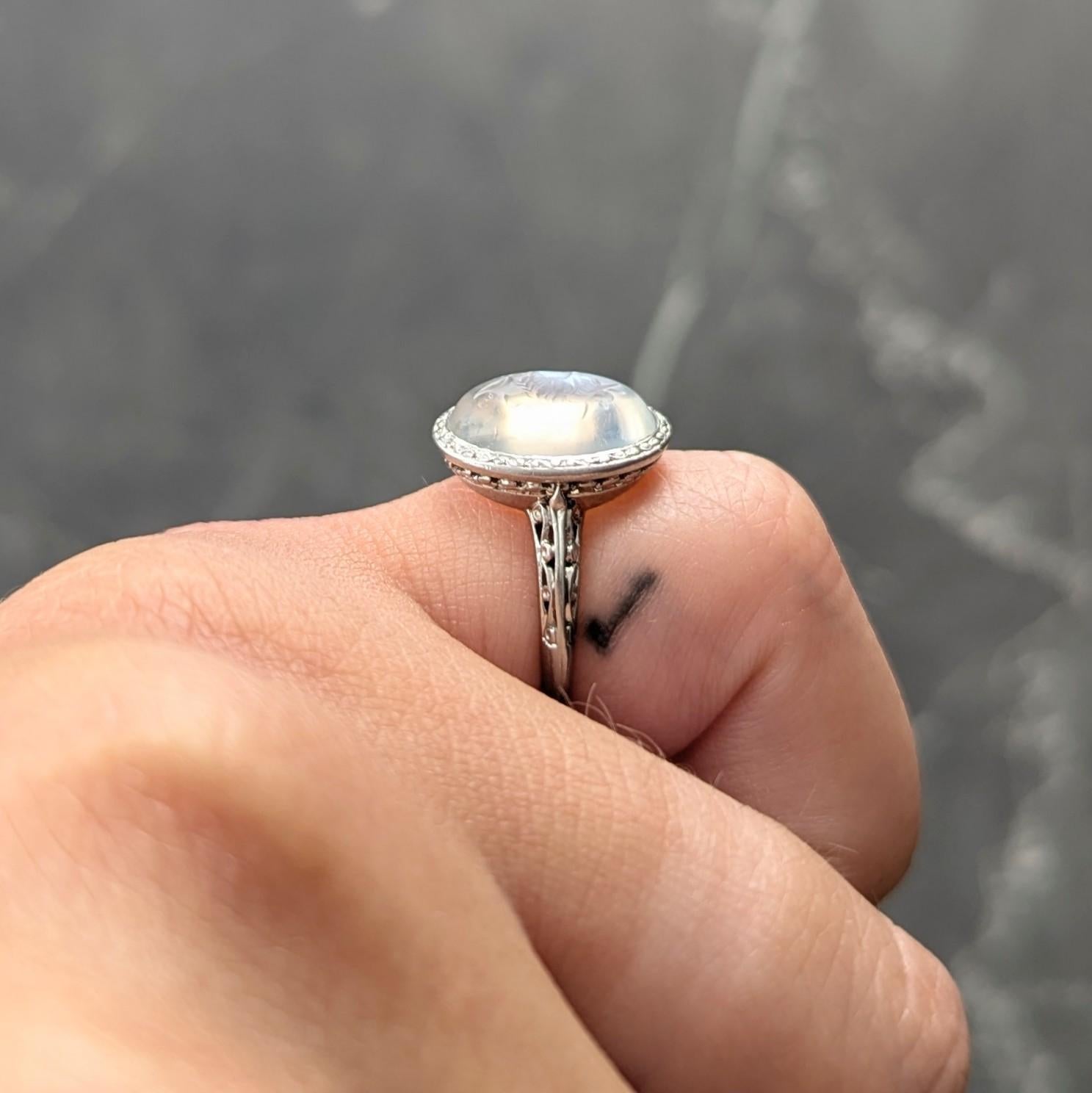 Art Deco Moonstone Platinum Vintage Carved Intaglio Women Portrait Ring For Sale 7