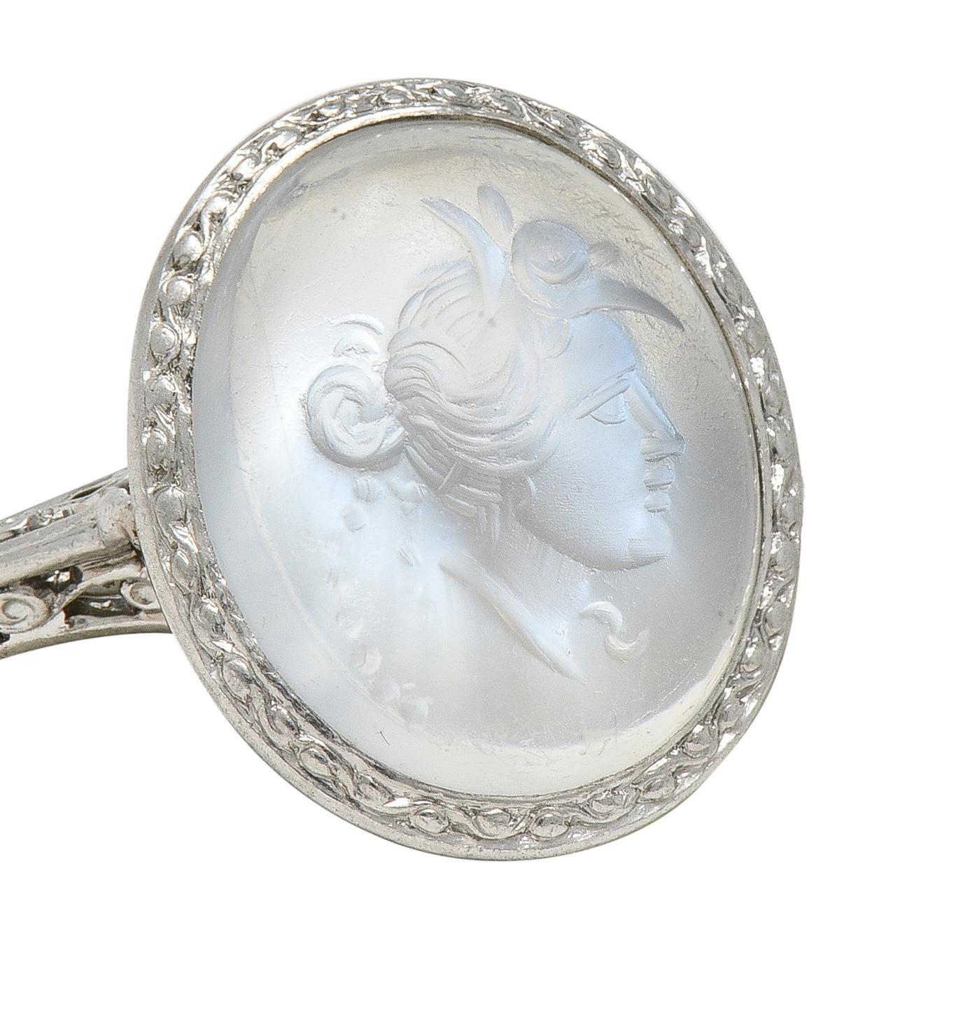Cabochon Art Deco Moonstone Platinum Vintage Carved Intaglio Women Portrait Ring For Sale