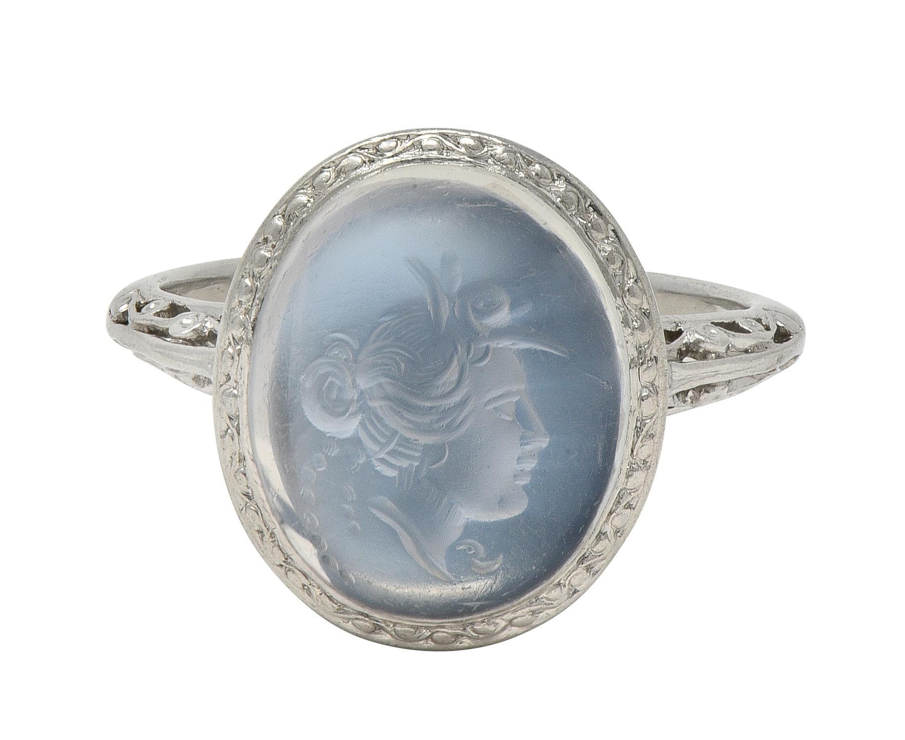 Art Deco Moonstone Platinum Vintage Carved Intaglio Women Portrait Ring In Excellent Condition For Sale In Philadelphia, PA