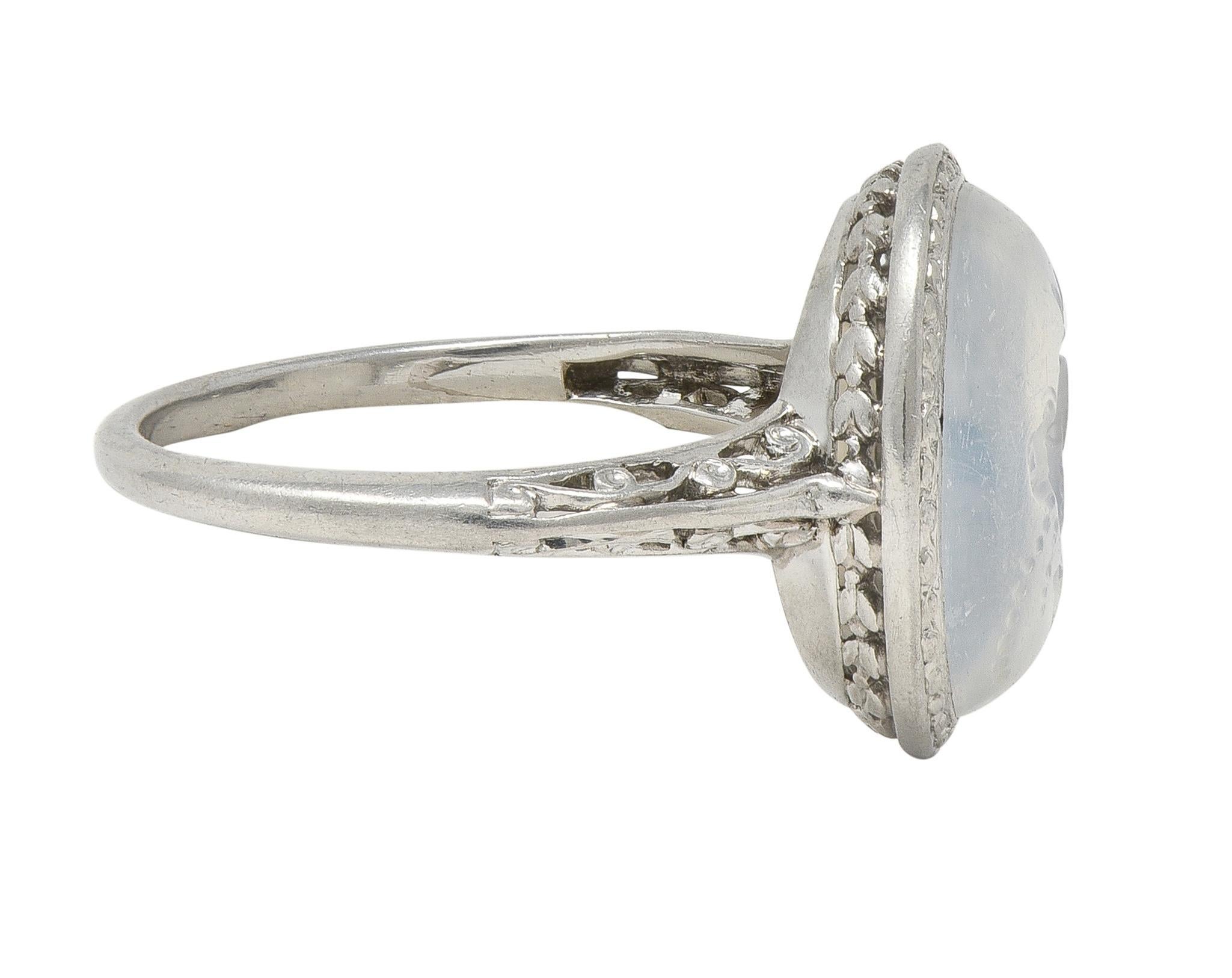 Women's Art Deco Moonstone Platinum Vintage Carved Intaglio Women Portrait Ring For Sale