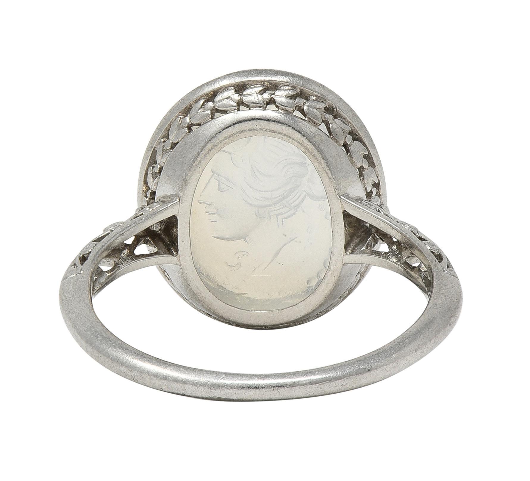 Art Deco Moonstone Platinum Vintage Carved Intaglio Women Portrait Ring For Sale 1