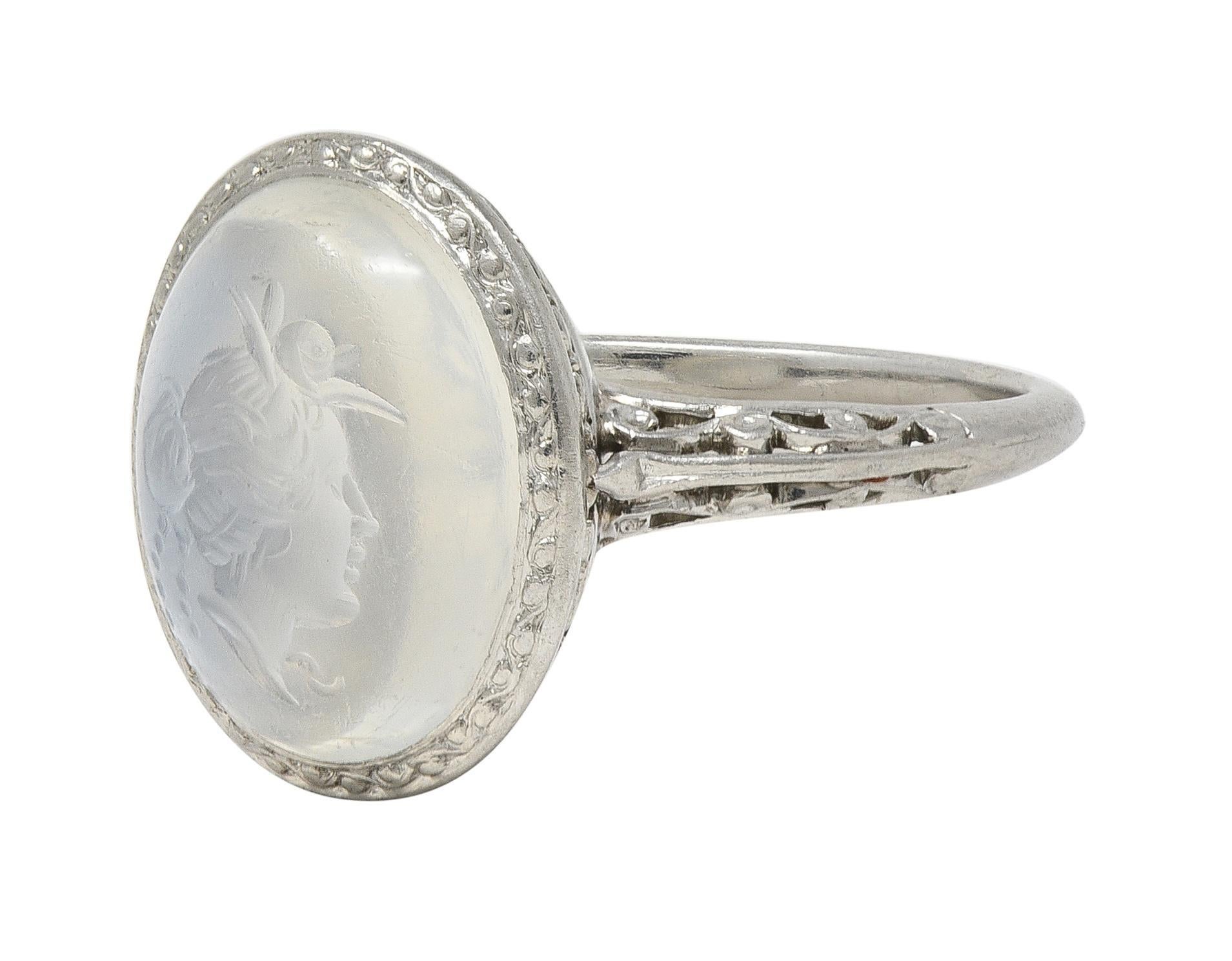 Art Deco Moonstone Platinum Vintage Carved Intaglio Women Portrait Ring For Sale 2