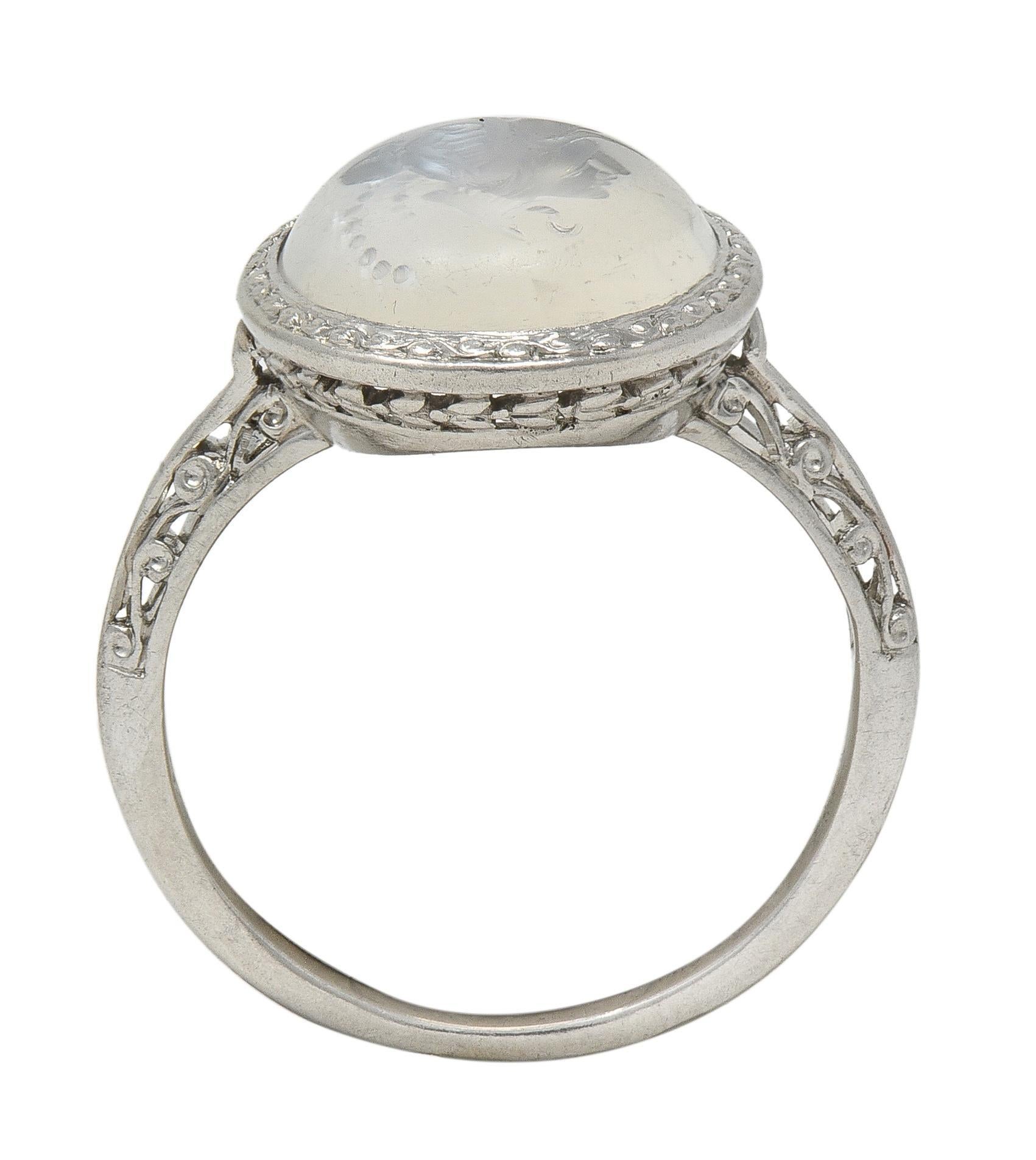 Art Deco Moonstone Platinum Vintage Carved Intaglio Women Portrait Ring For Sale 4