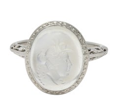 Art Deco Moonstone Platinum Vintage Carved Intaglio Women Portrait Ring