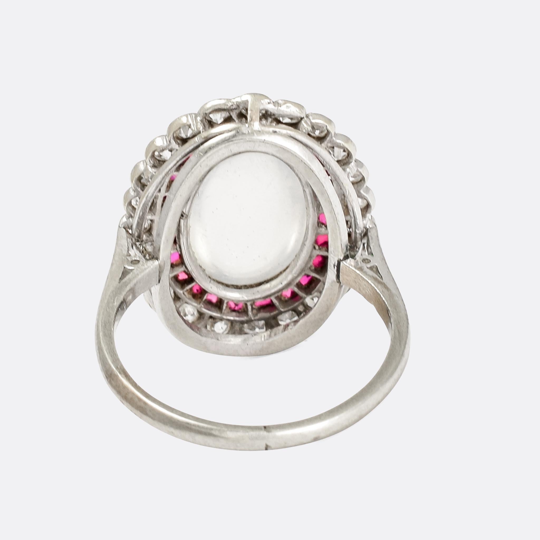Art Deco Moonstone Ruby Diamond Halo Cocktail Ring In Good Condition In Sale, Cheshire