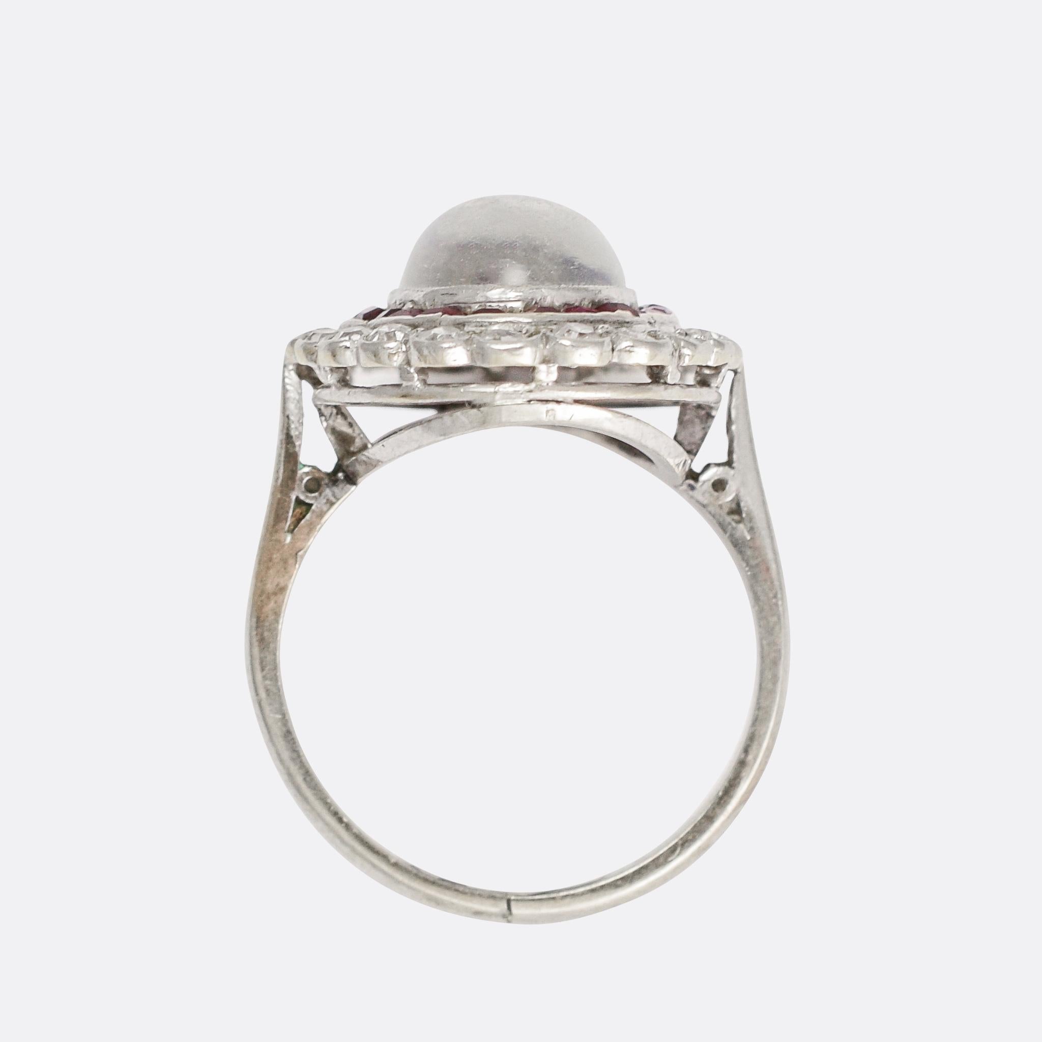 Women's Art Deco Moonstone Ruby Diamond Halo Cocktail Ring