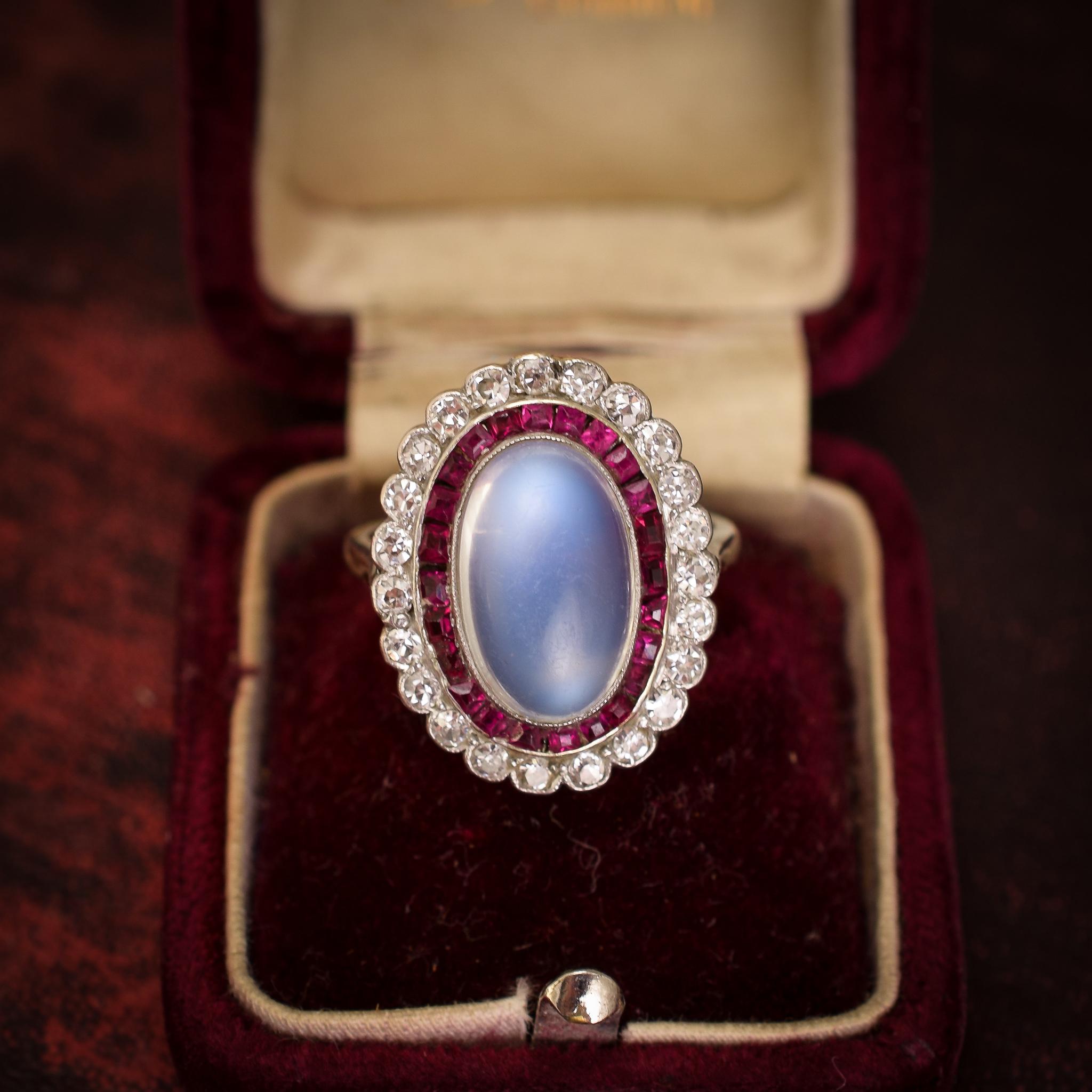 Art Deco Moonstone Ruby Diamond Halo Cocktail Ring 3