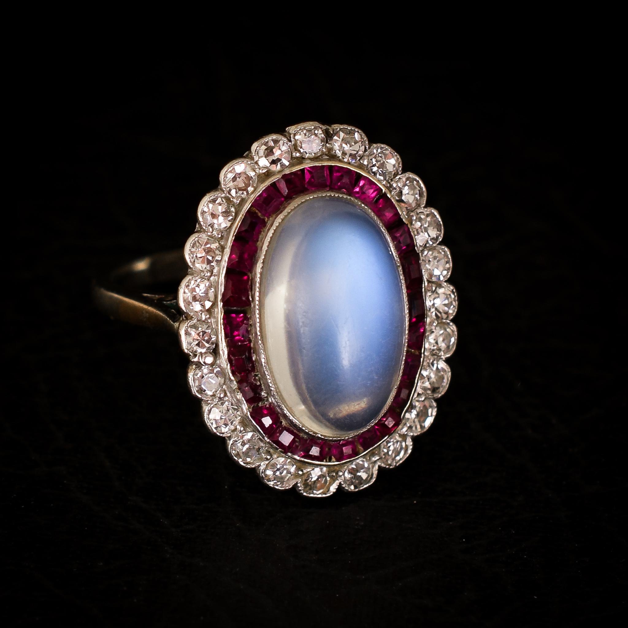 Art Deco Moonstone Ruby Diamond Halo Cocktail Ring 5