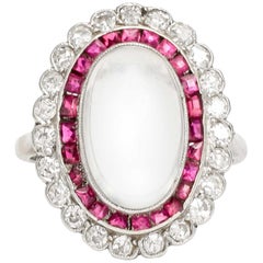 Antique Art Deco Moonstone Ruby Diamond Halo Cocktail Ring