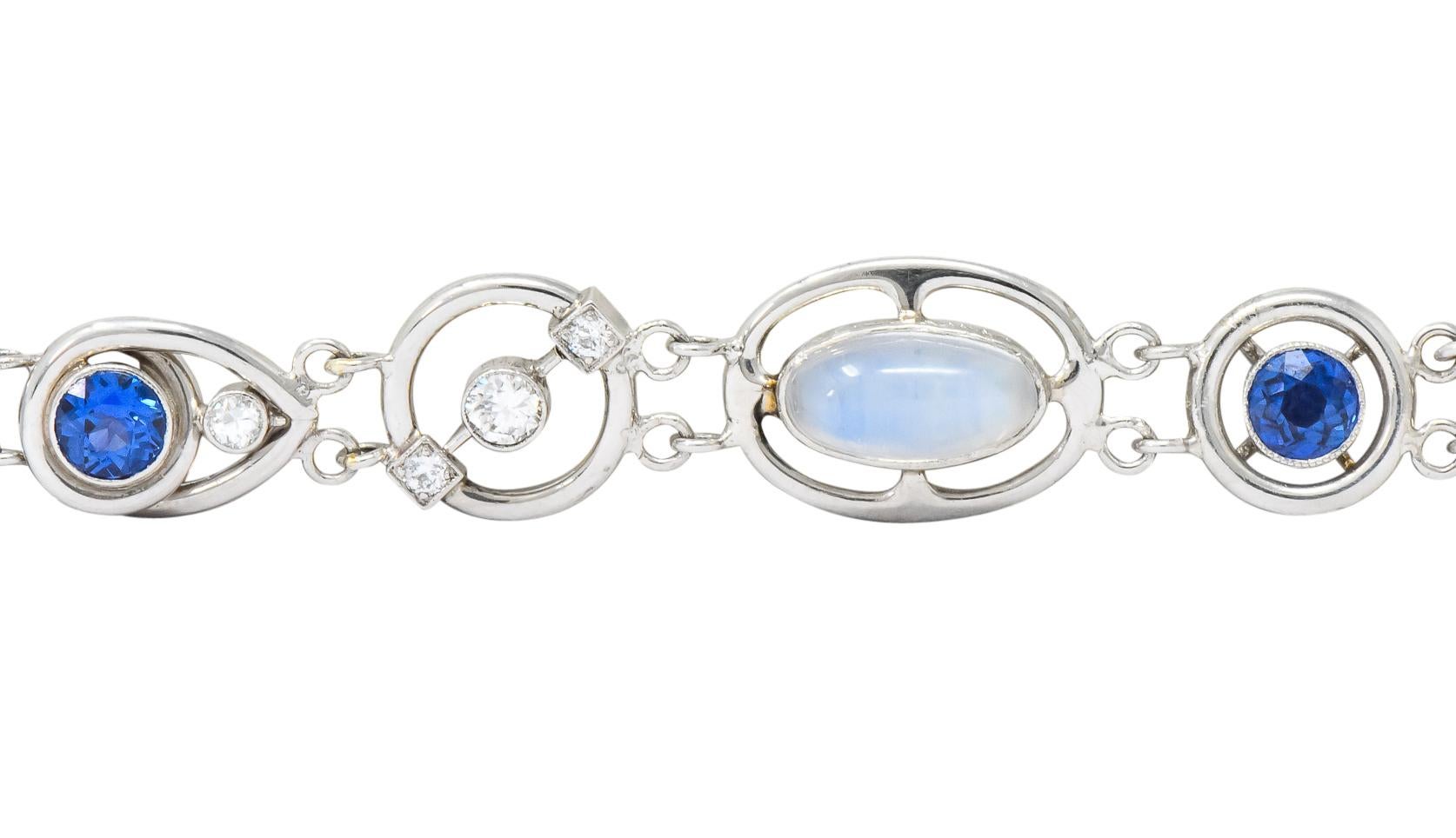 Art Deco Moonstone Sapphire Diamond Platinum Link Bracelet In Excellent Condition In Philadelphia, PA