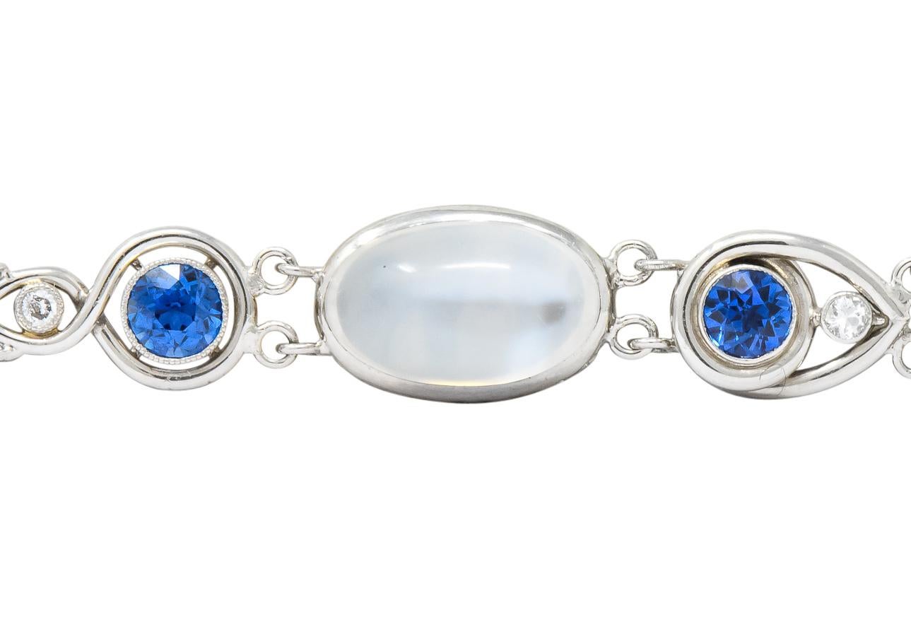 Women's or Men's Art Deco Moonstone Sapphire Diamond Platinum Link Bracelet