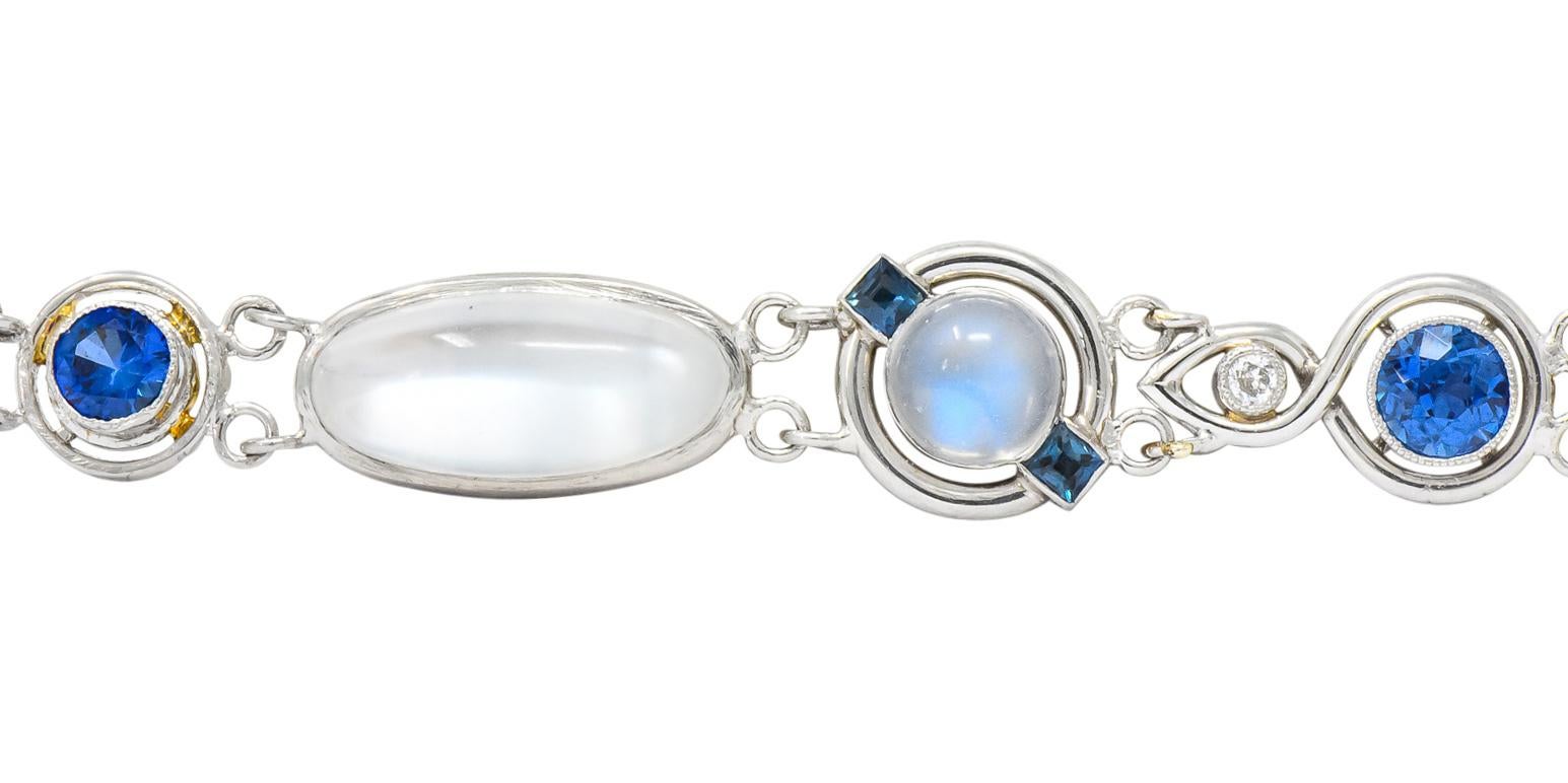 Art Deco Moonstone Sapphire Diamond Platinum Link Bracelet 1