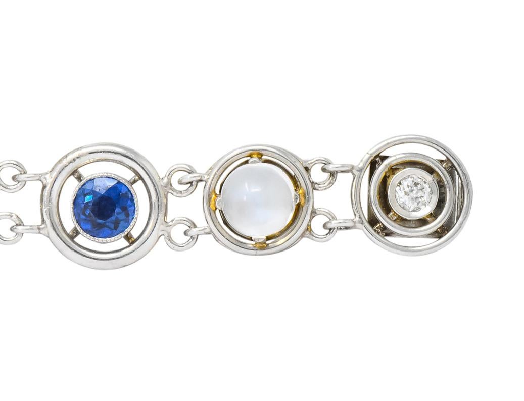 Art Deco Moonstone Sapphire Diamond Platinum Link Bracelet 2