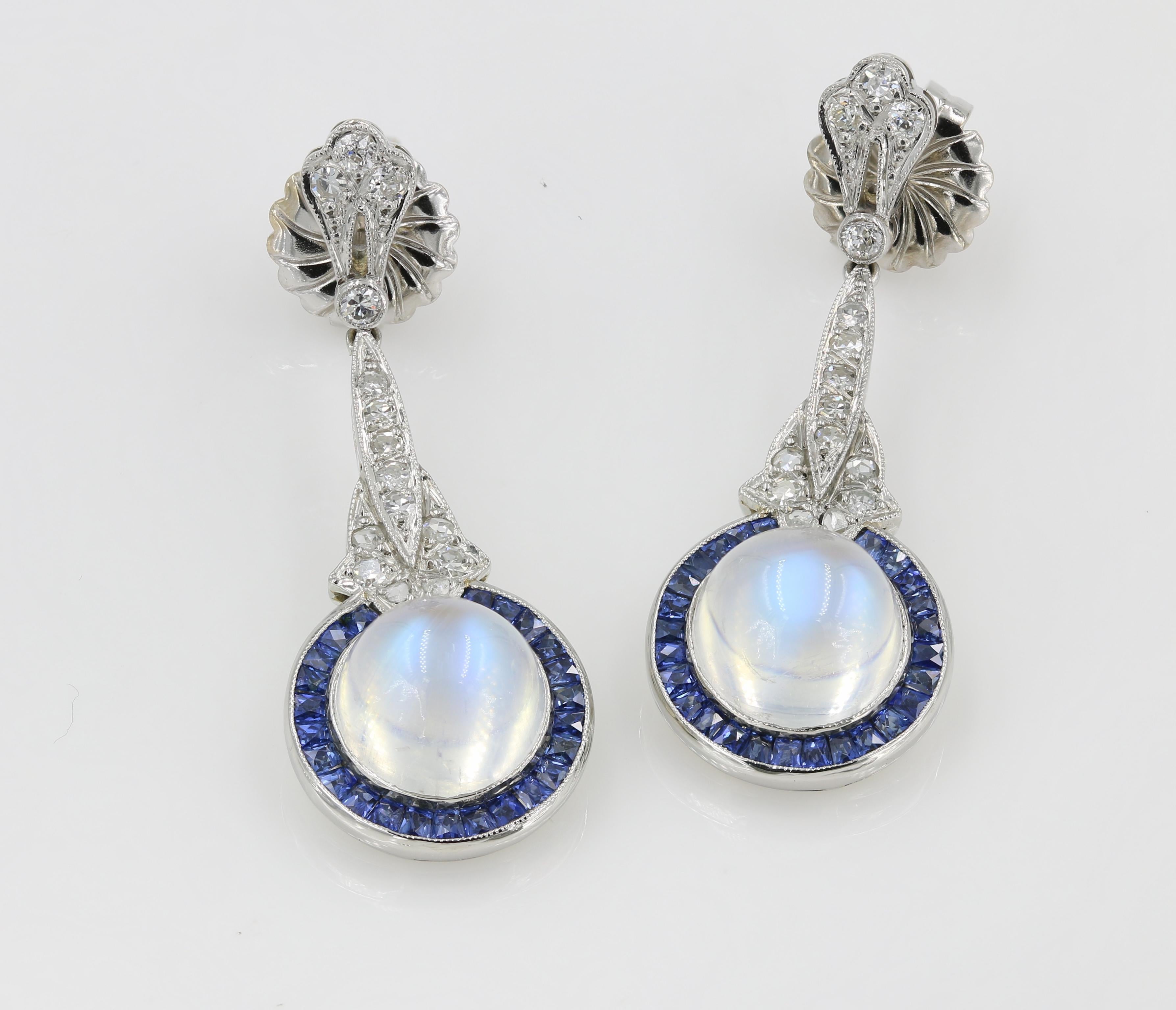 Cabochon Art Deco Moonstones, Diamond and Square Cut Sapphire Earrings in Platinum