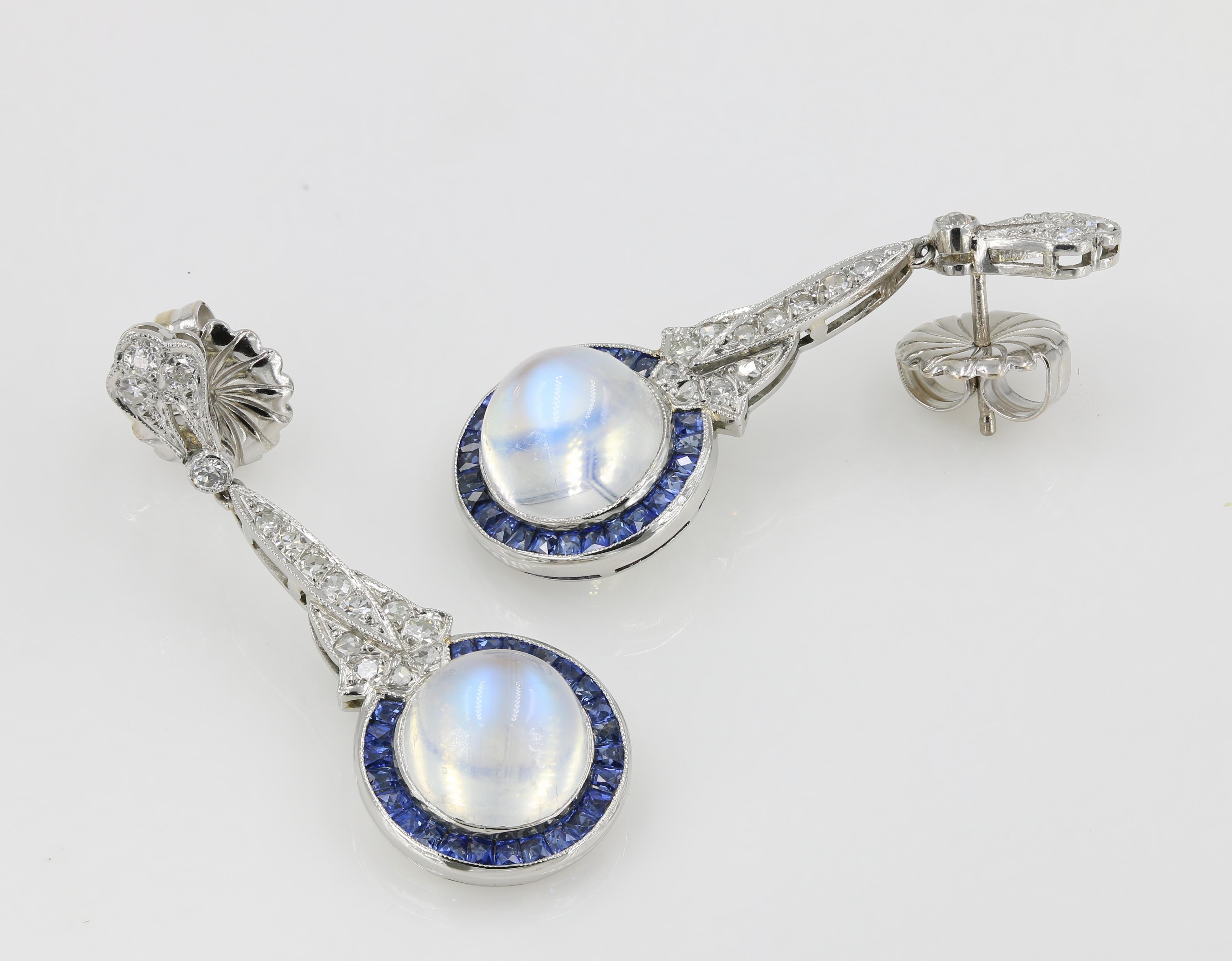 Art Deco Moonstones, Diamond and Square Cut Sapphire Earrings in Platinum In Excellent Condition In Chicago, IL