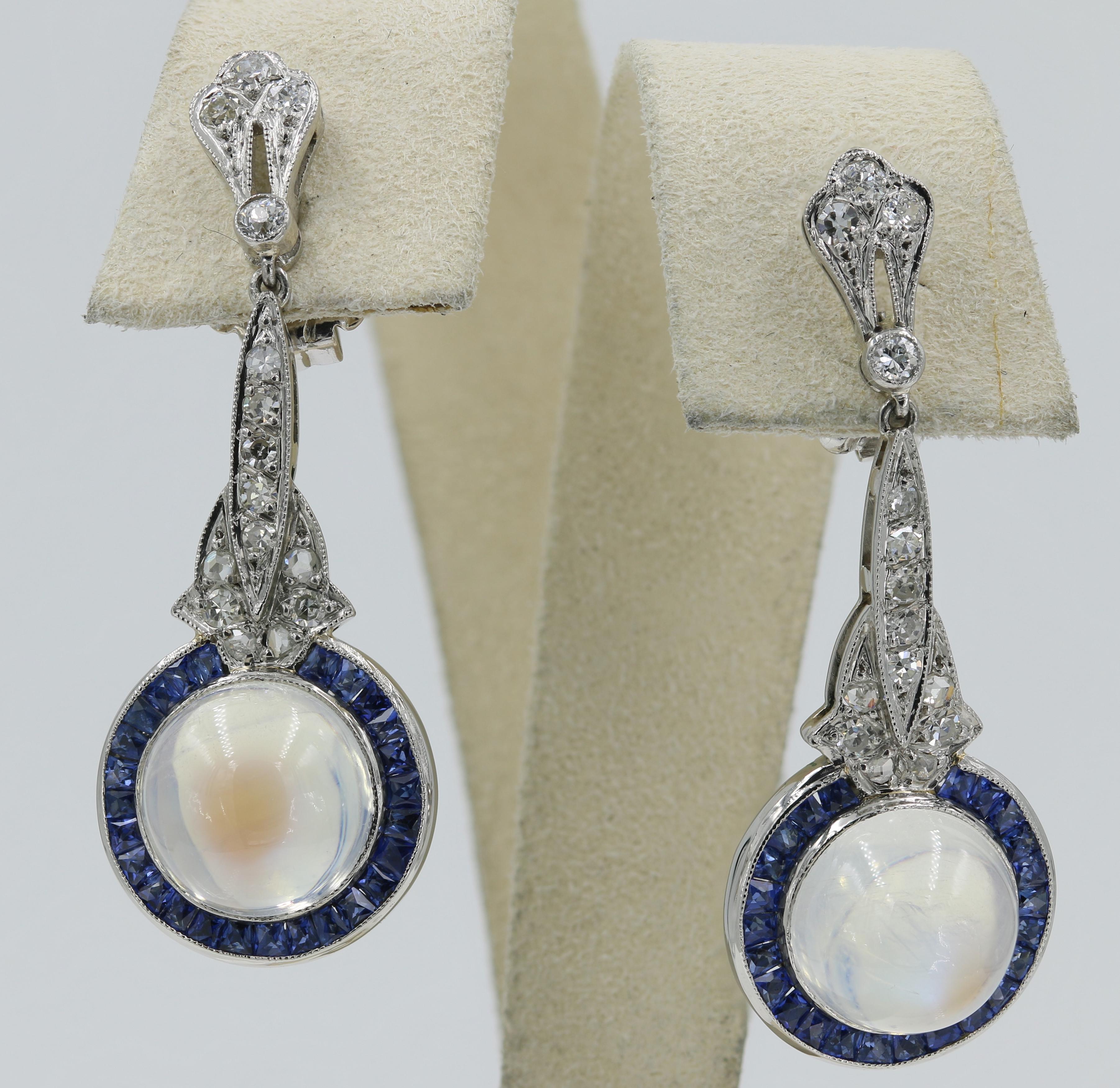 Women's Art Deco Moonstones, Diamond and Square Cut Sapphire Earrings in Platinum