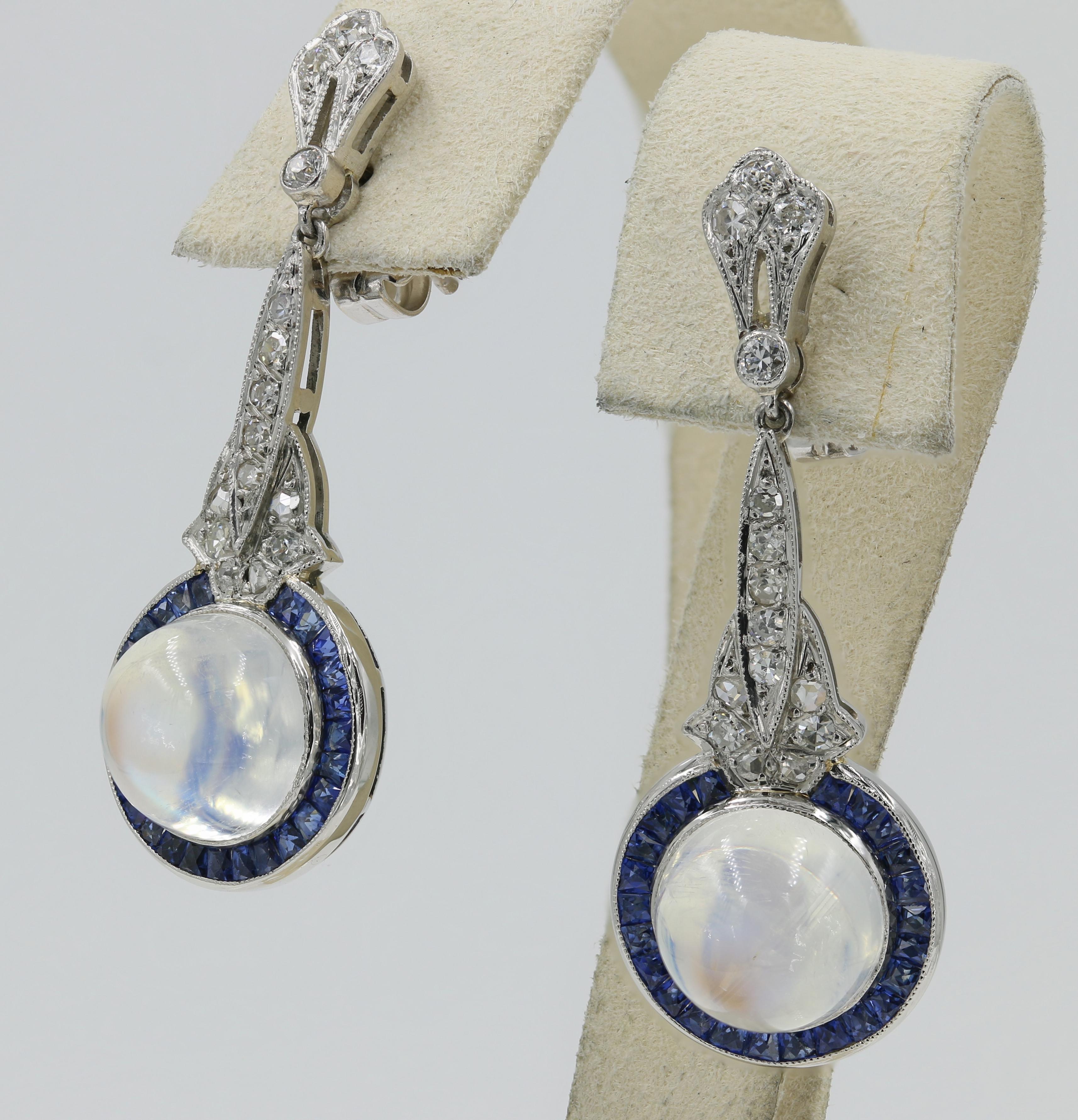 Art Deco Moonstones, Diamond and Square Cut Sapphire Earrings in Platinum 1