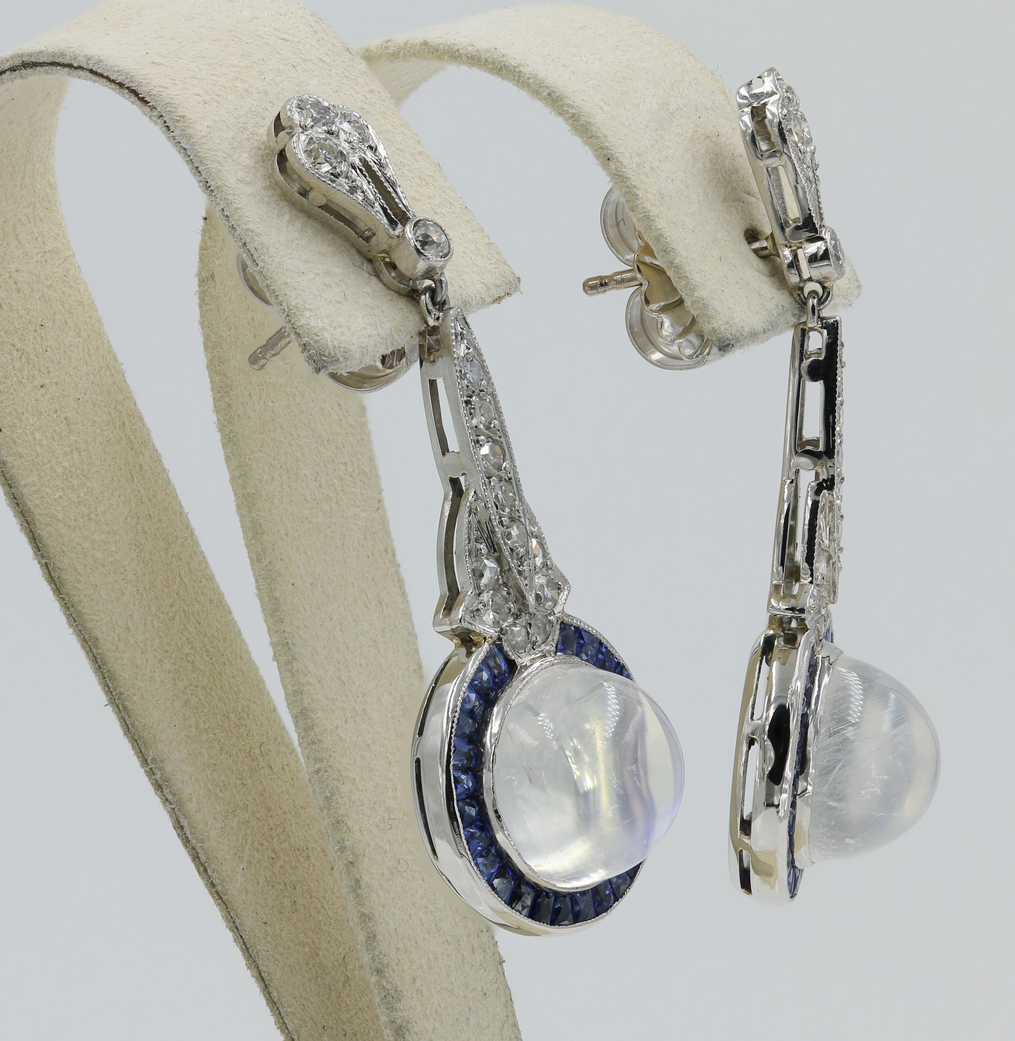 Art Deco Moonstones, Diamond and Square Cut Sapphire Earrings in Platinum 2