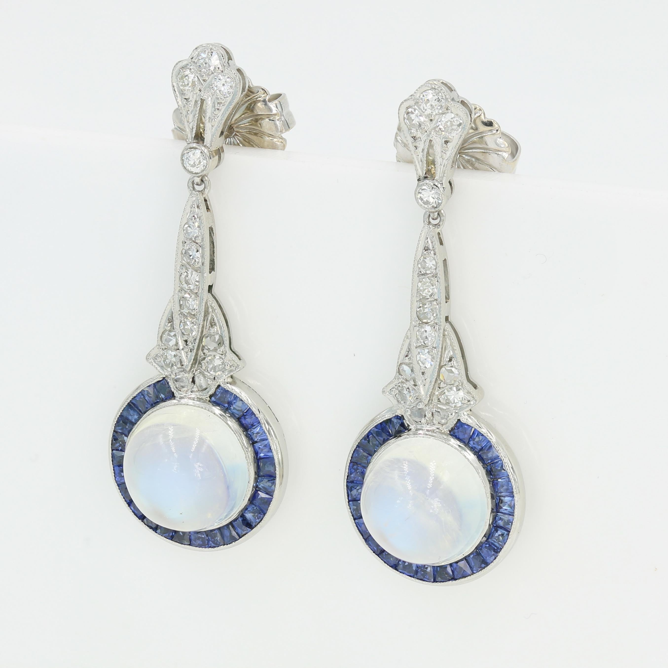 Art Deco Moonstones, Diamond and Square Cut Sapphire Earrings in Platinum 3