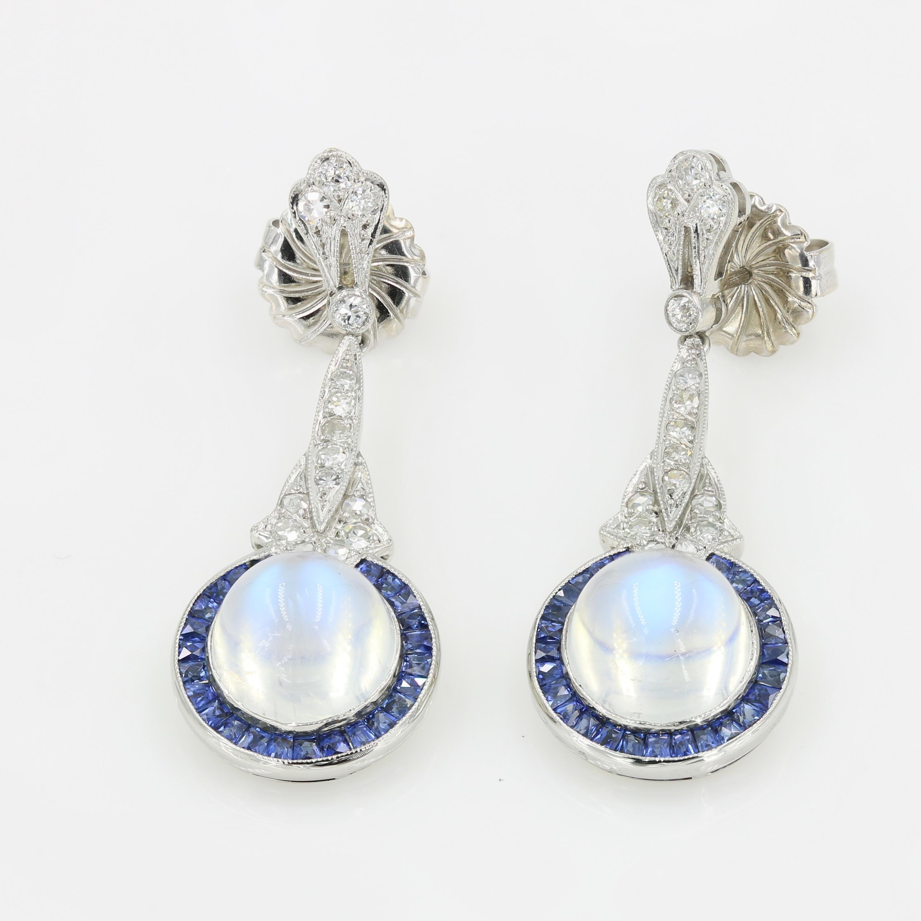 Art Deco Moonstones, Diamond and Square Cut Sapphire Earrings in Platinum 4
