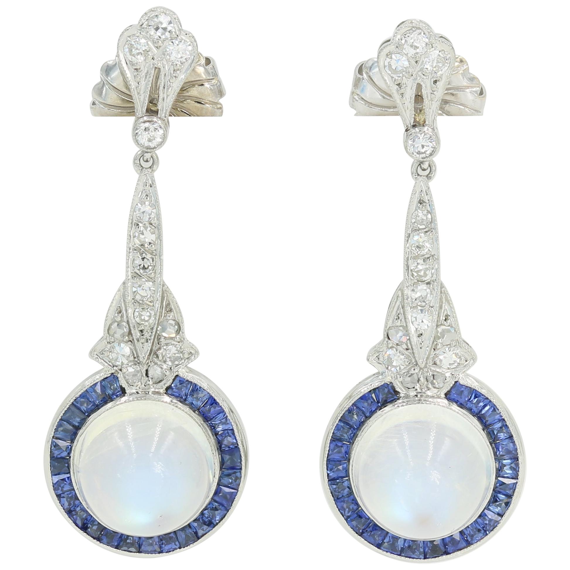 Art Deco Moonstones, Diamond and Square Cut Sapphire Earrings in Platinum