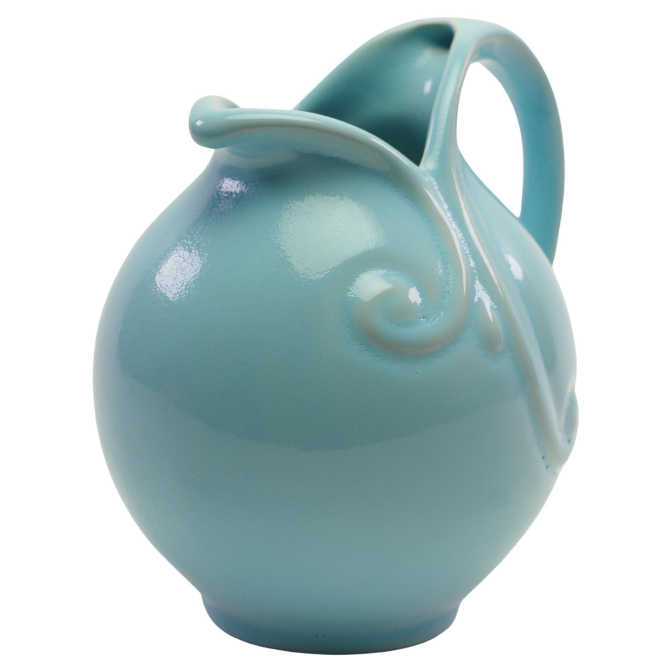 Art Deco Mosa Turquoise Earthenware Pitcher, the Netherlands, circa 1935 For Sale
