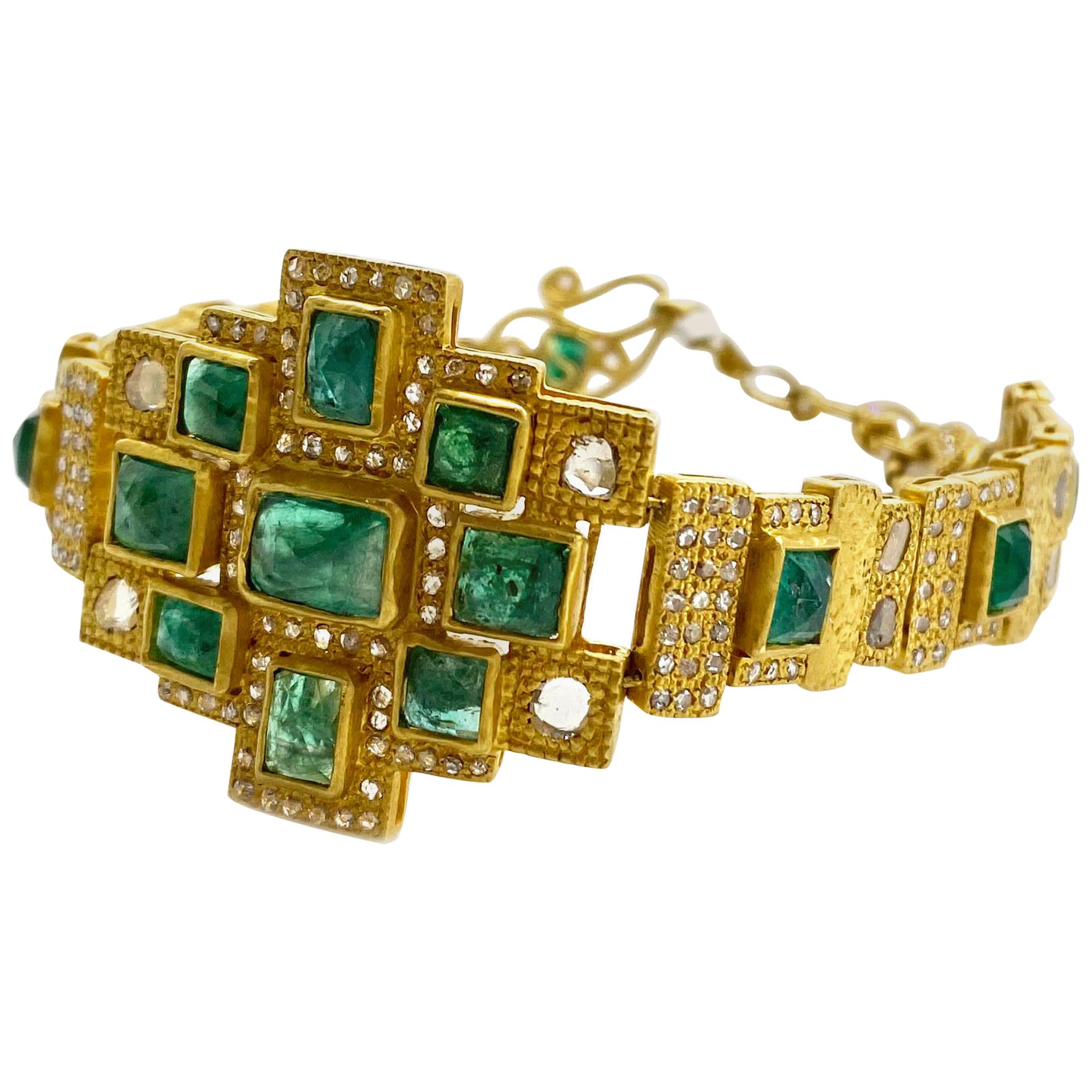 Art Deco Style Mosaic 10.05 Carat Emerald Statement Coomi Watch Style Bracelet For Sale