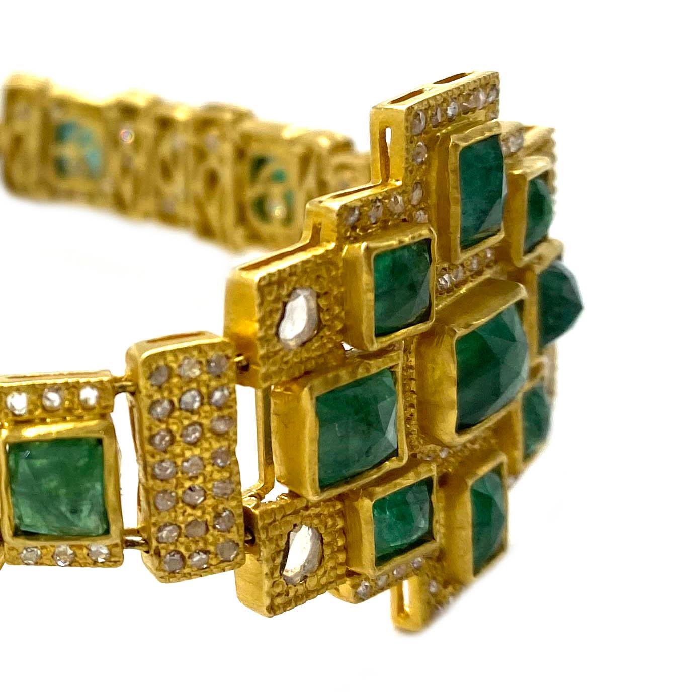 Stunning Art Deco Style Mosaic Bracelet set in 20 karat Yellow Gold with 10.05cts Emeralds and Diamonds at 2.58cts, brought to you from the Luminosity collection, which consists of bold design and reflects light from within. Coomi chooses each