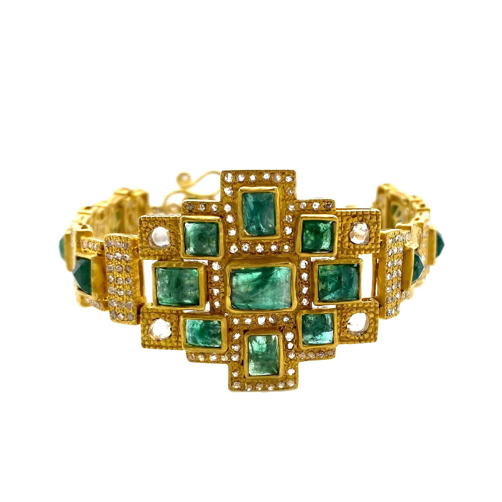 Square Cut Art Deco Style Mosaic 10.05 Carat Emerald Statement Coomi Watch Style Bracelet For Sale