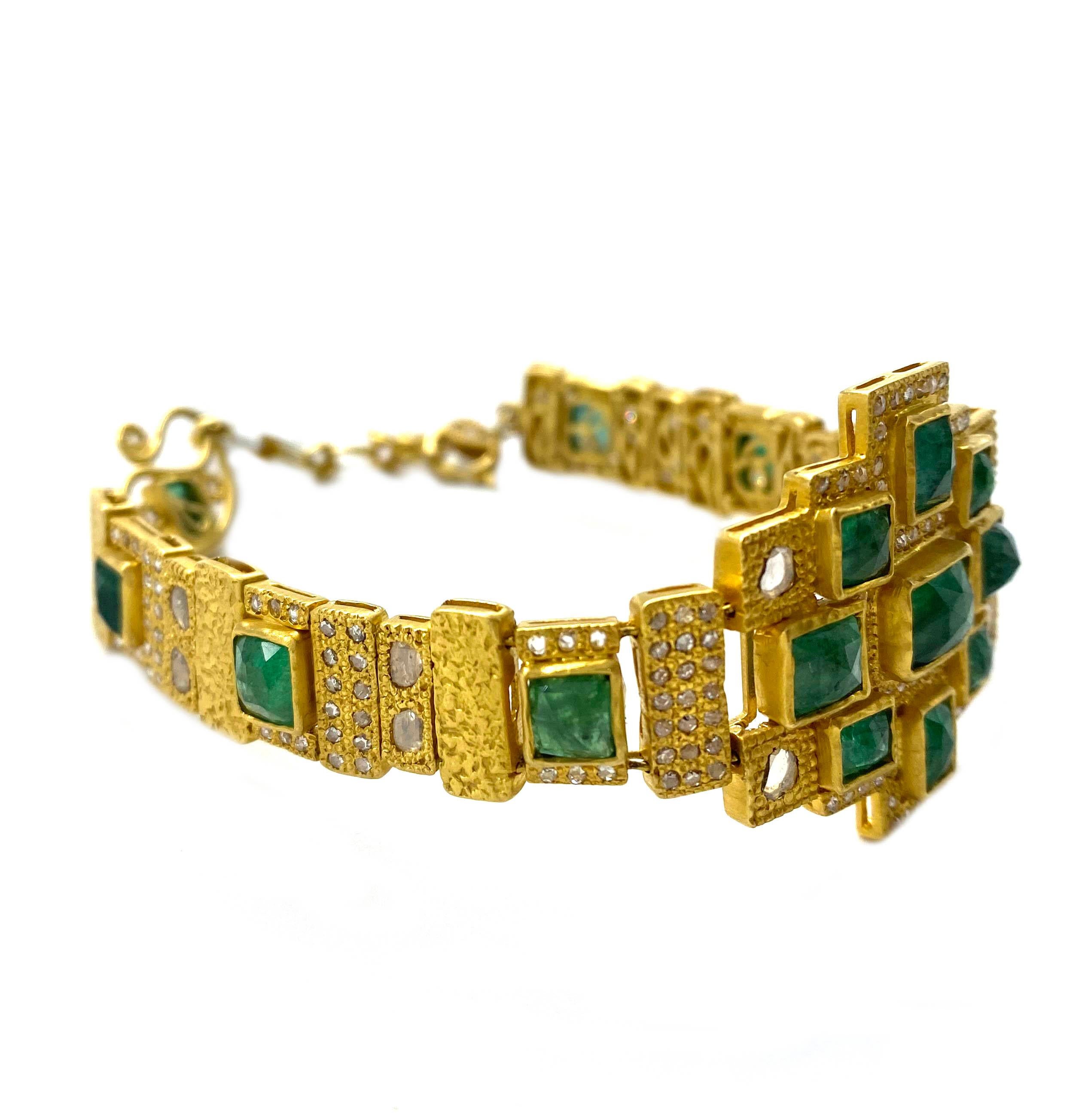 Art Deco Style Mosaic 10.05 Carat Emerald Statement Coomi Watch Style Bracelet In New Condition For Sale In Secaucus, NJ