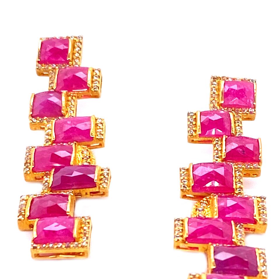 Square Cut Art Deco Style Mosaic 16.34 Carat Ruby Long Drop Coomi Earrings For Sale