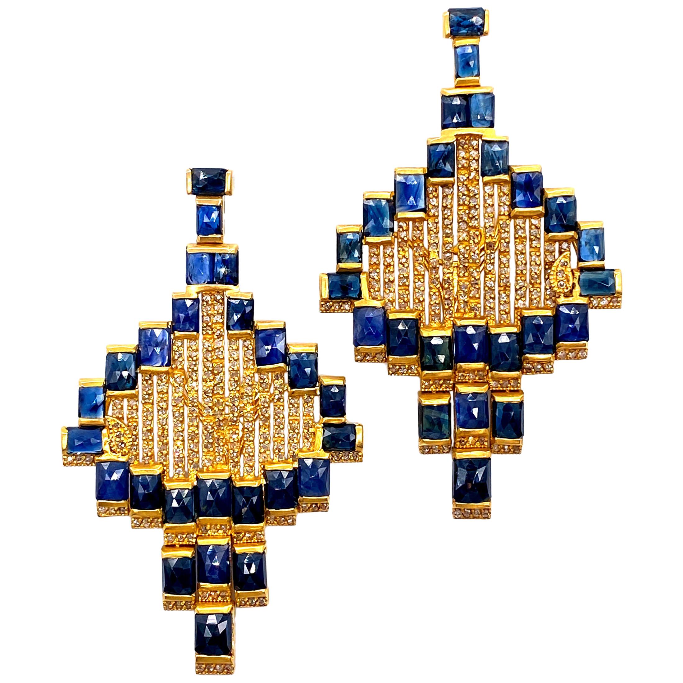 Art Deco Style Mosaic 20 Karat Yellow Gold Blue Sapphire Drop Coomi Earrings For Sale