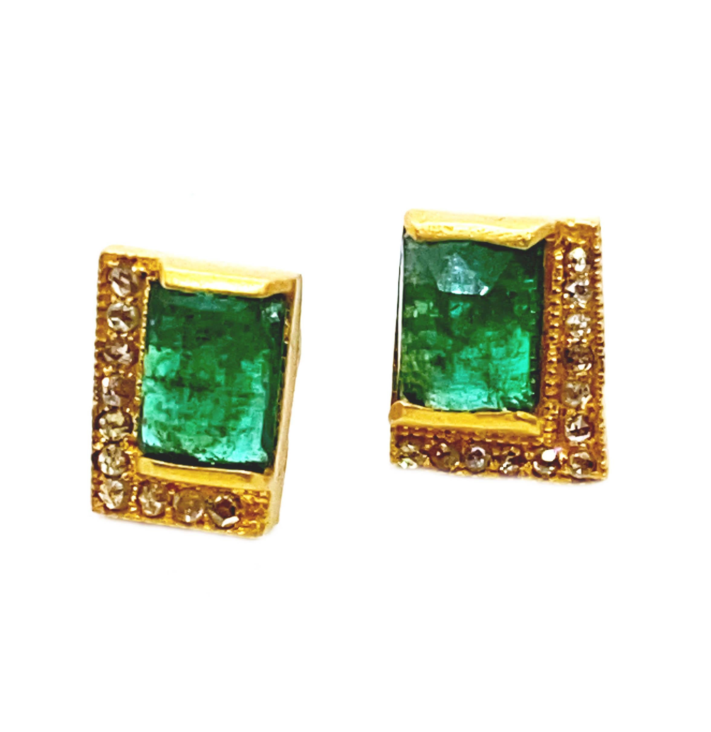Square Cut Art Deco Style Mosaic 20 Karat Yellow Gold Emerald Coomi Stud Earrings For Sale