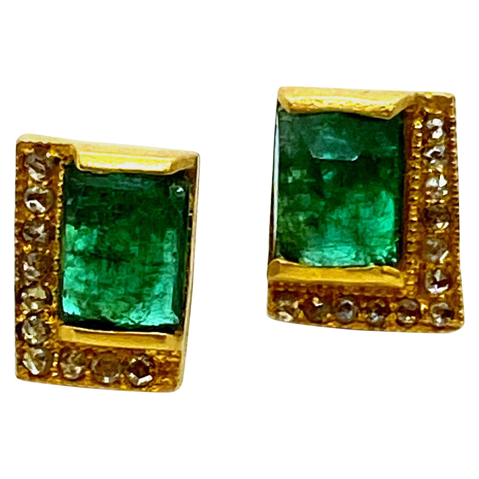 Art Deco Style Mosaic 20 Karat Yellow Gold Emerald Coomi Stud Earrings For Sale